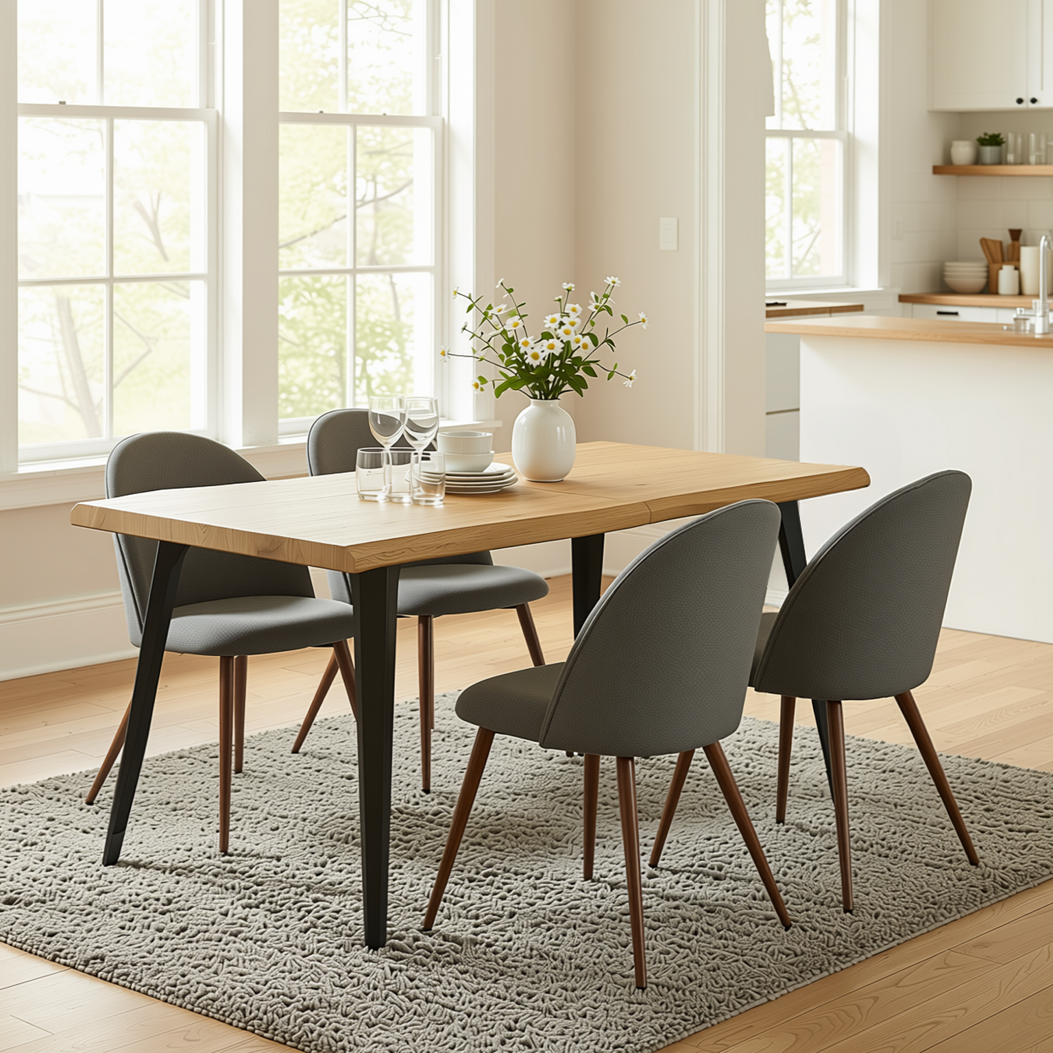 Homy Casa LANCELOT+HAVEN 5PC Dining Set 63" Table with 4 Haven Grey Fabric Chairs Walnut Legs