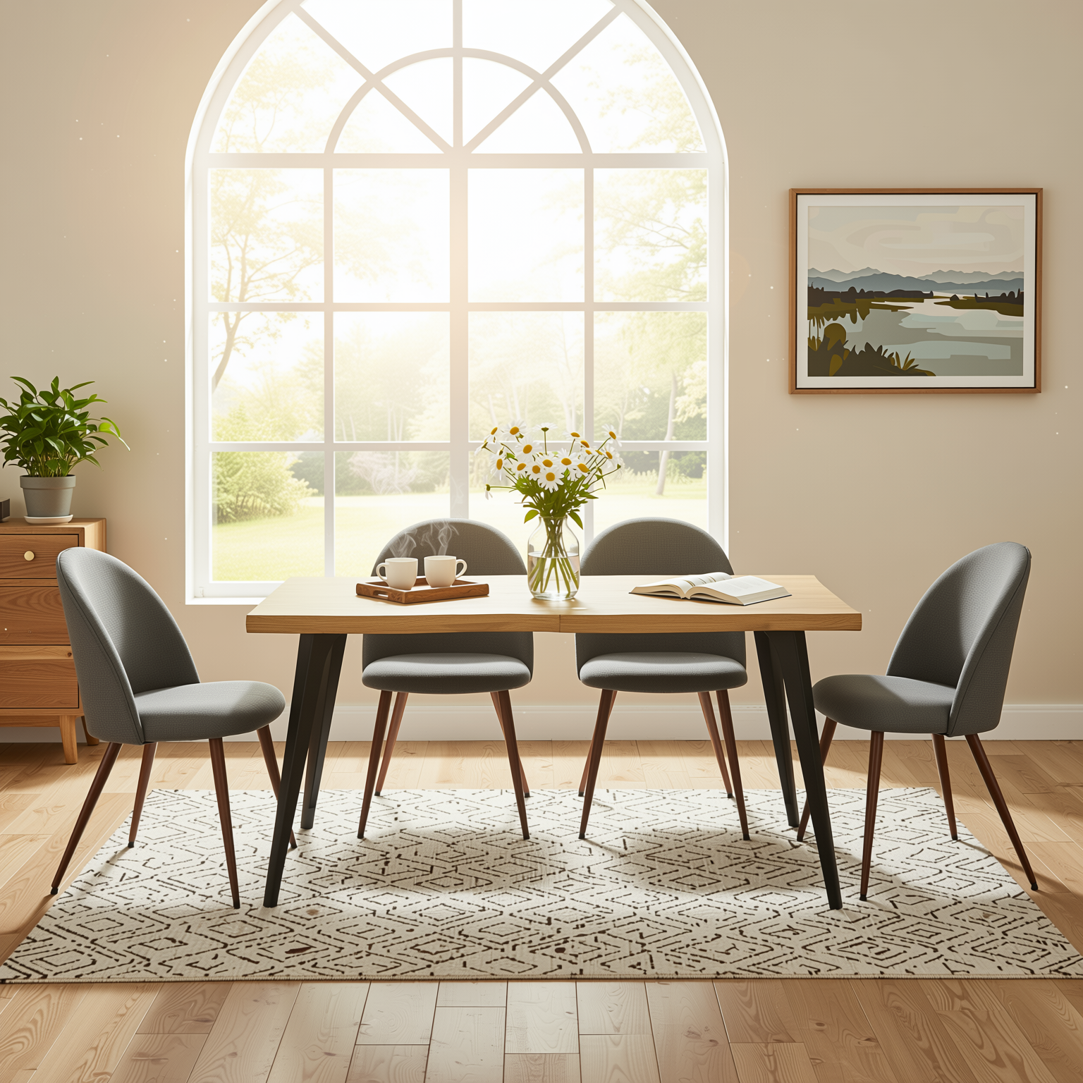 Homy Casa LANCELOT+HAVEN 5PC Dining Set 63" Table with 4 Haven Grey Fabric Chairs Walnut Legs