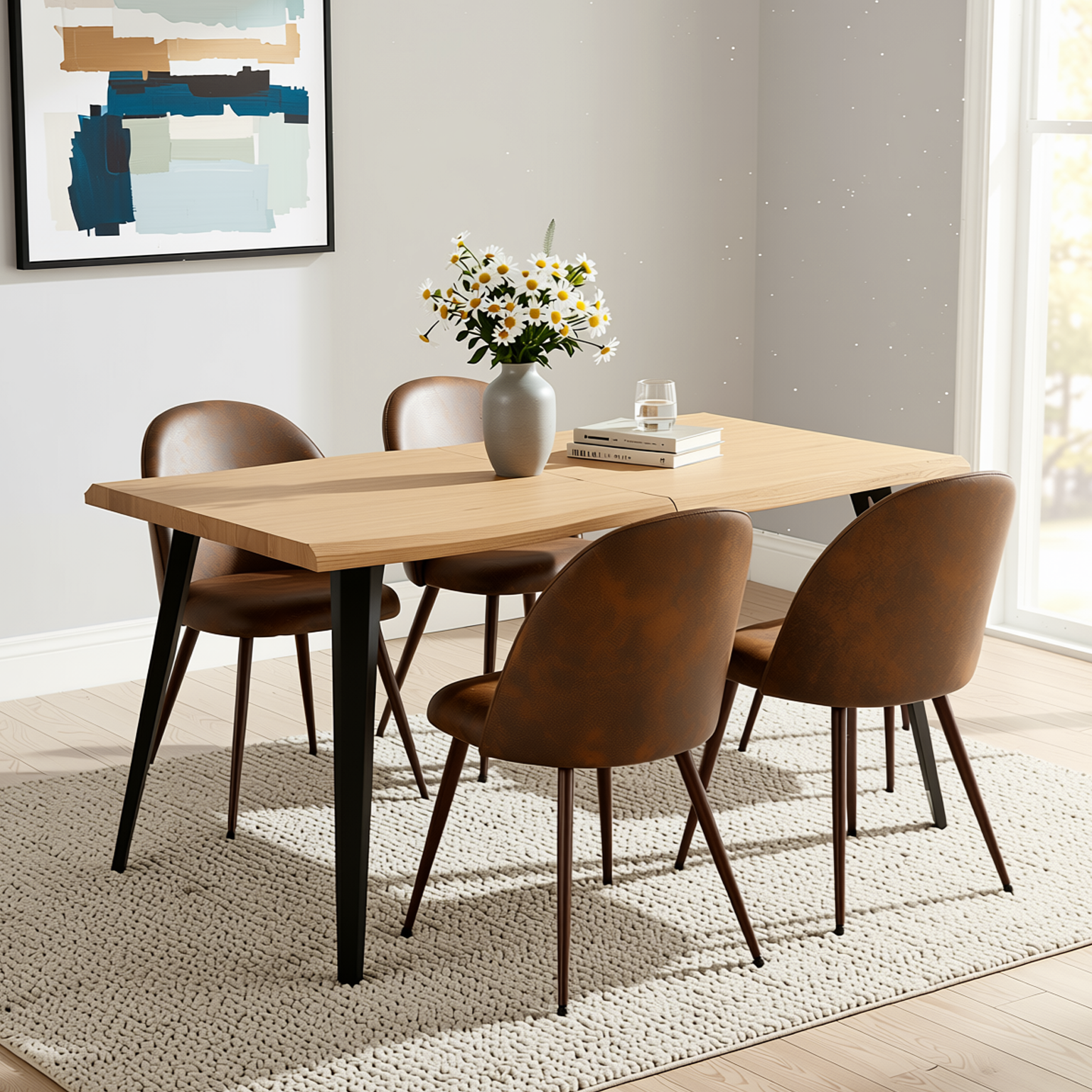 Homy Casa LANCELOT+HAVEN 5PC Dining Set 63" Brown Table with 4 Walnut Leg Chairs