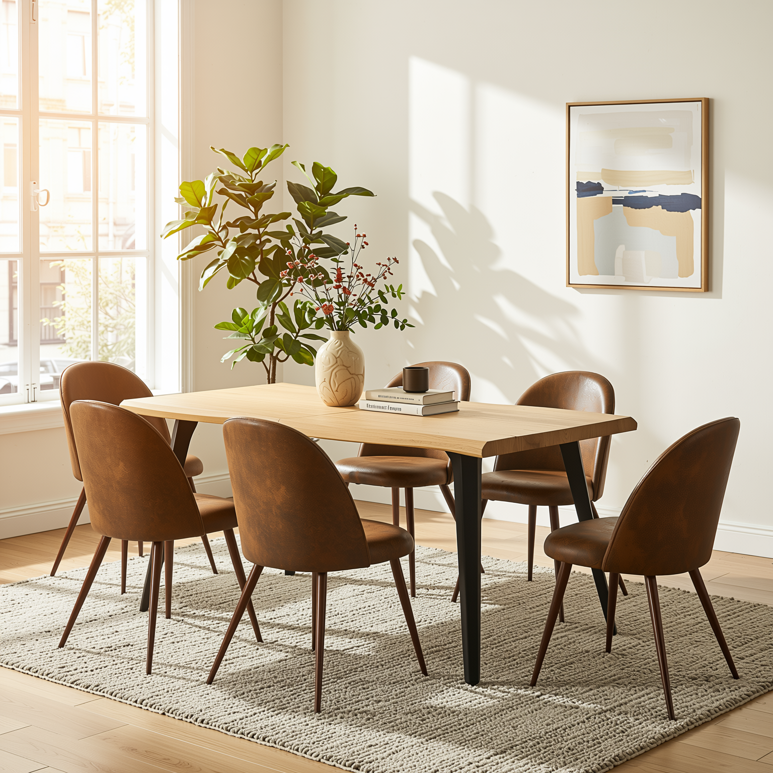 Homy Casa Lancelot + Haven 7PC Dining Set 63" Table with 6 Haven Suede Brown Chairs Walnut Legs