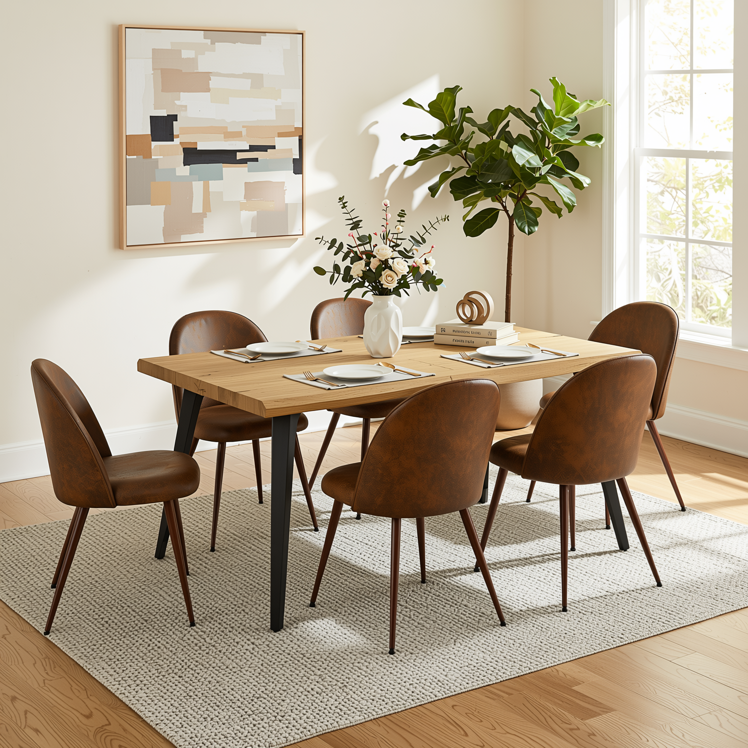 Homy Casa Lancelot + Haven 7PC Dining Set 63" Table with 6 Haven Suede Brown Chairs Walnut Legs