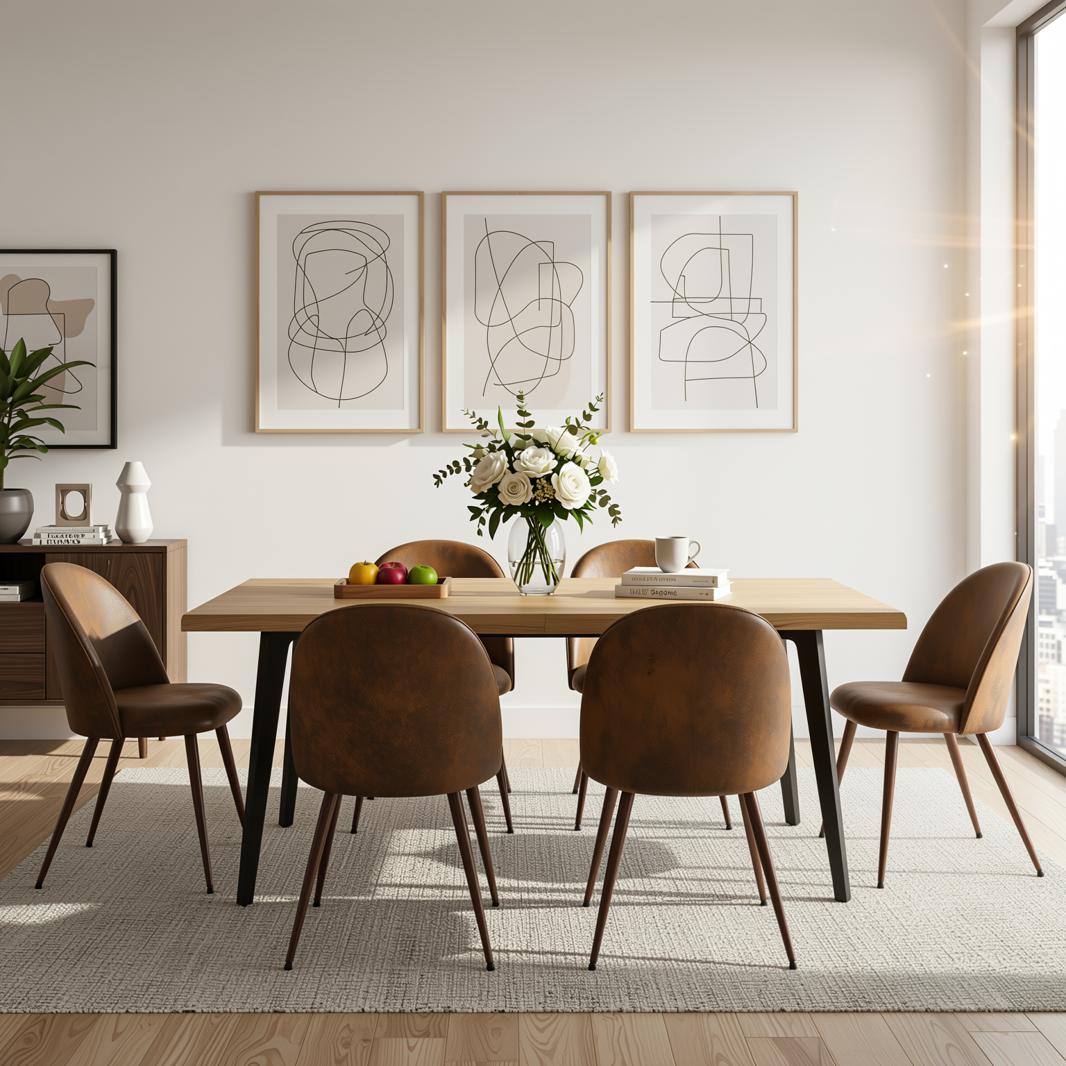 Homy Casa Lancelot + Haven 7PC Dining Set 63" Table with 6 Haven Suede Brown Chairs Walnut Legs