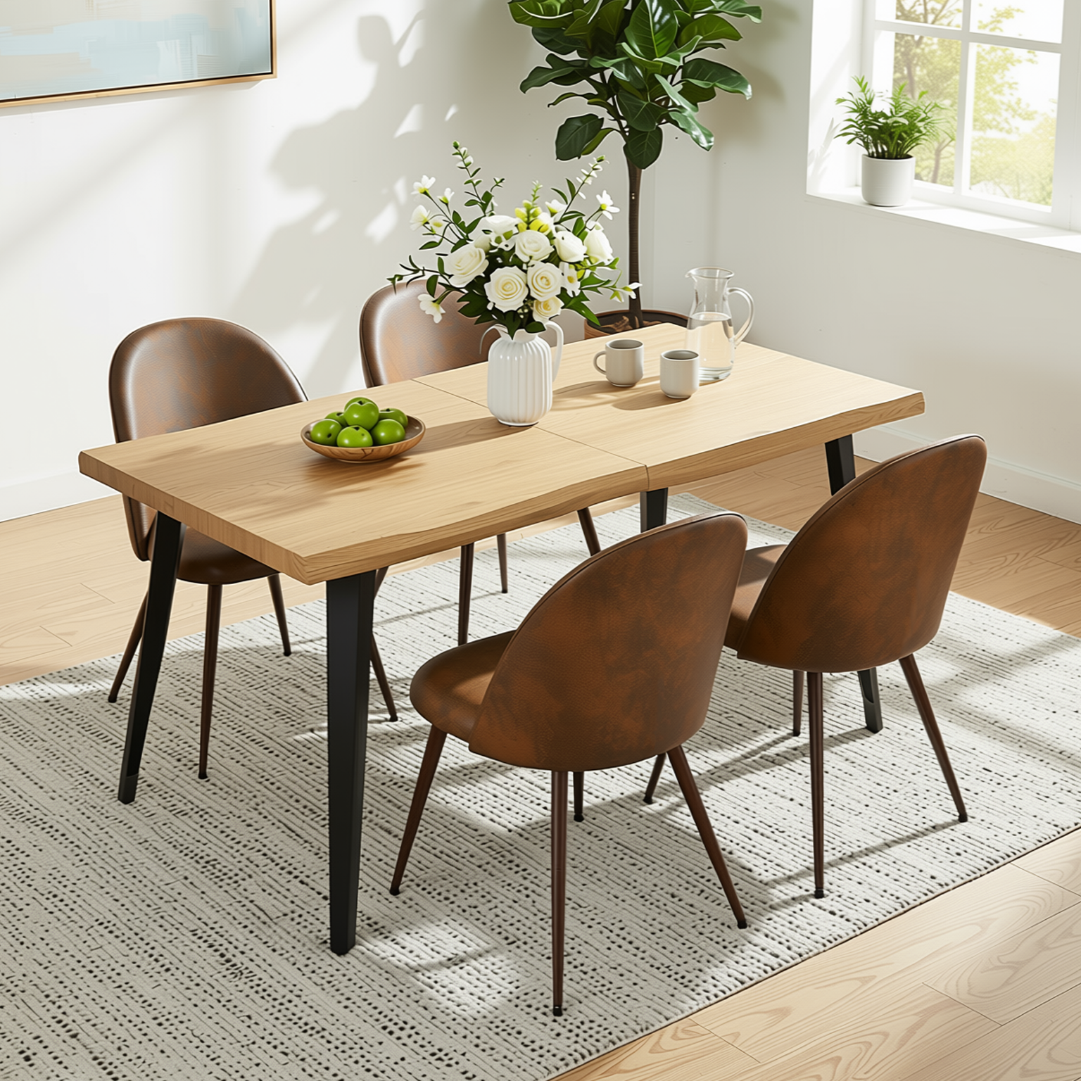 Homy Casa LANCELOT+HAVEN 5PC Dining Set 63" Brown Table with 4 Walnut Leg Chairs