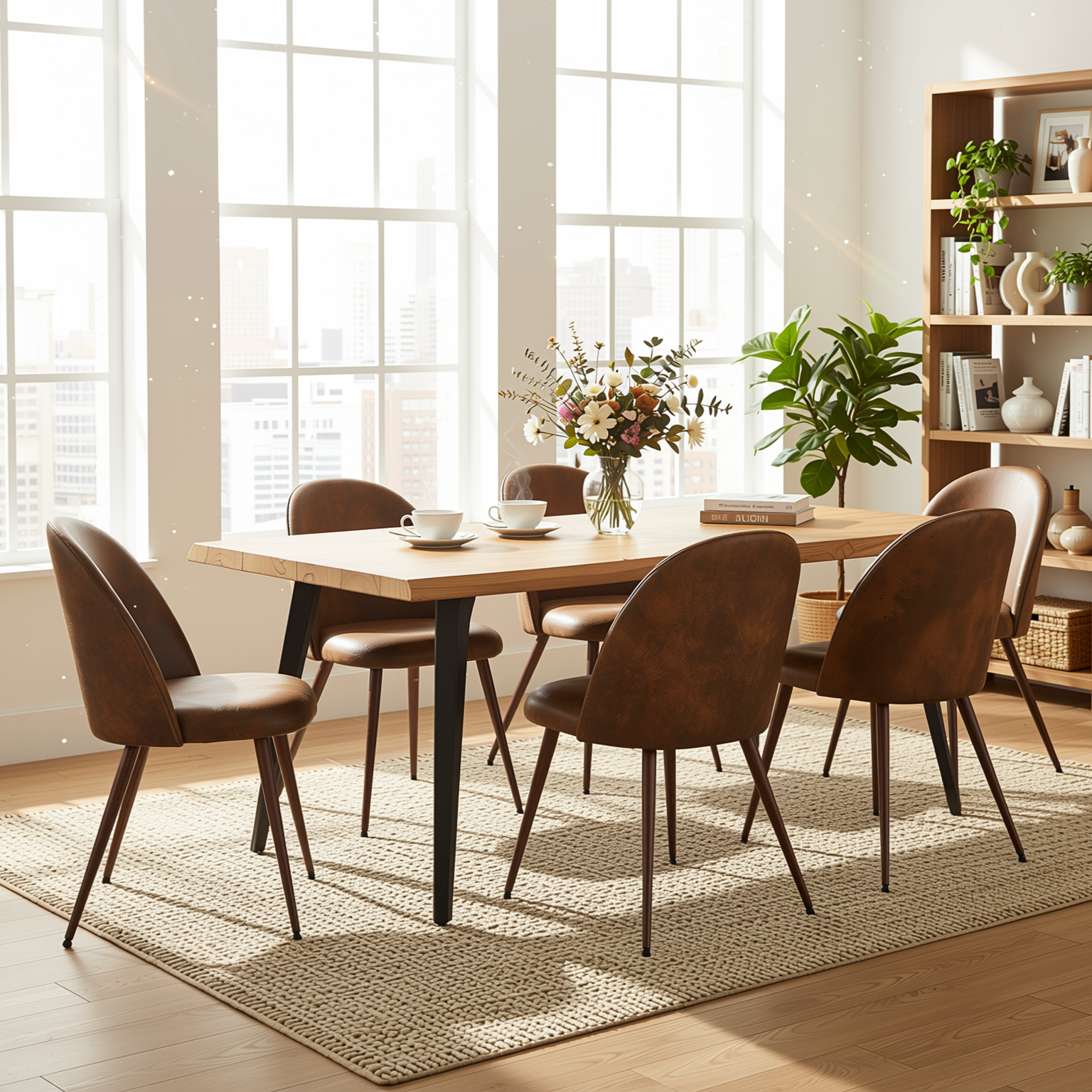 Homy Casa Lancelot + Haven 7PC Dining Set 63" Table with 6 Haven Suede Brown Chairs Walnut Legs