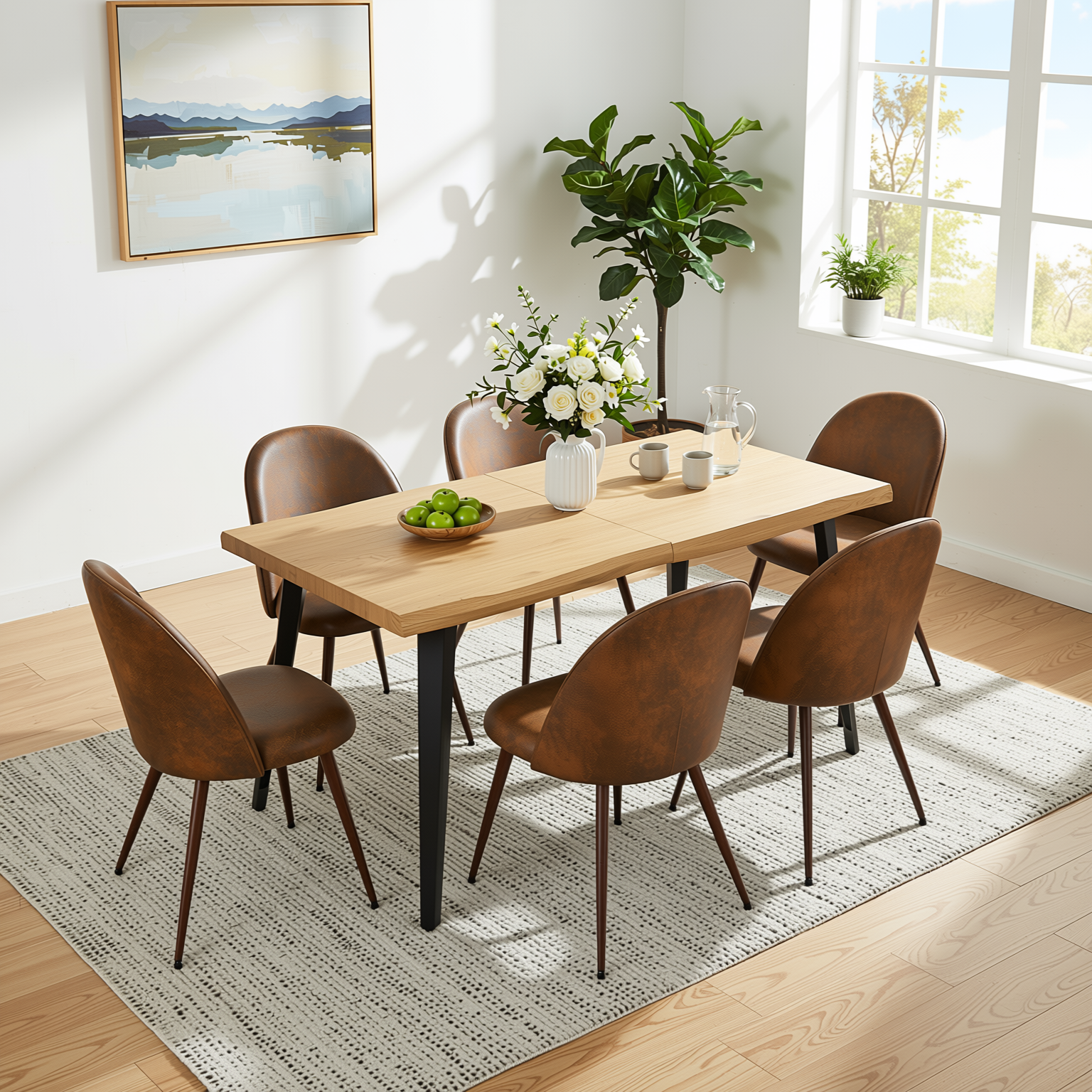Homy Casa Lancelot + Haven 7PC Dining Set 63" Table with 6 Haven Suede Brown Chairs Walnut Legs