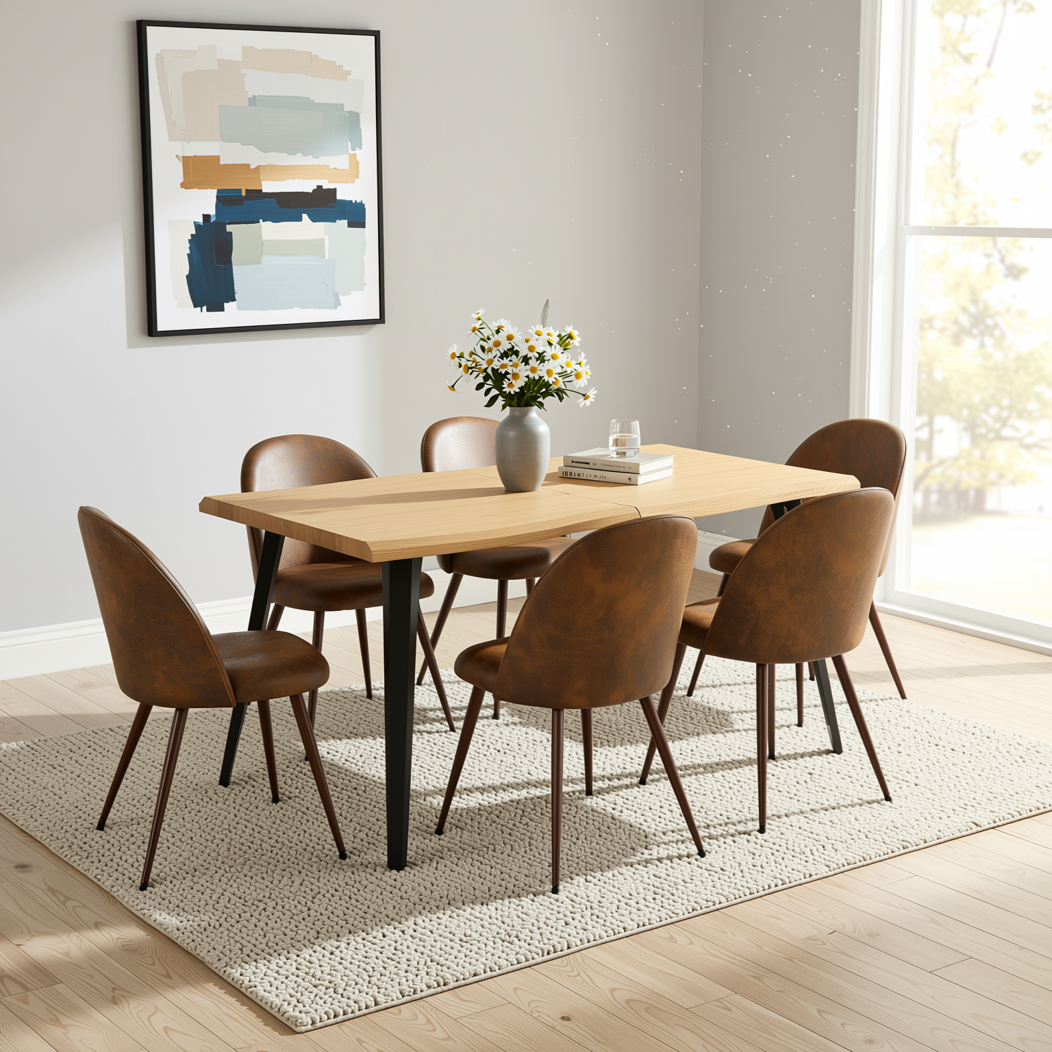 Homy Casa Lancelot + Haven 7PC Dining Set 63" Table with 6 Haven Suede Brown Chairs Walnut Legs