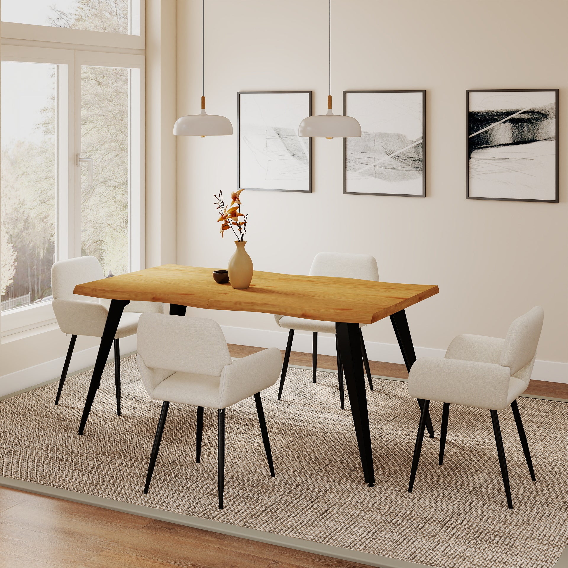 Homy Casa Lancelot 5PC Dining Table Set 63” Oak Table with 4 Mayfair Beige Upholstered Chairs
