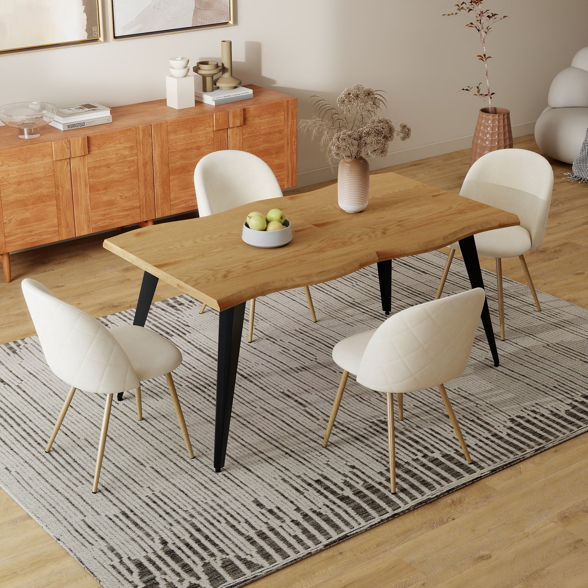 Homy Casa Lancelot 5PC Dining Set 63” Oak Table with 4 Puz Upholstered Chairs,Beige