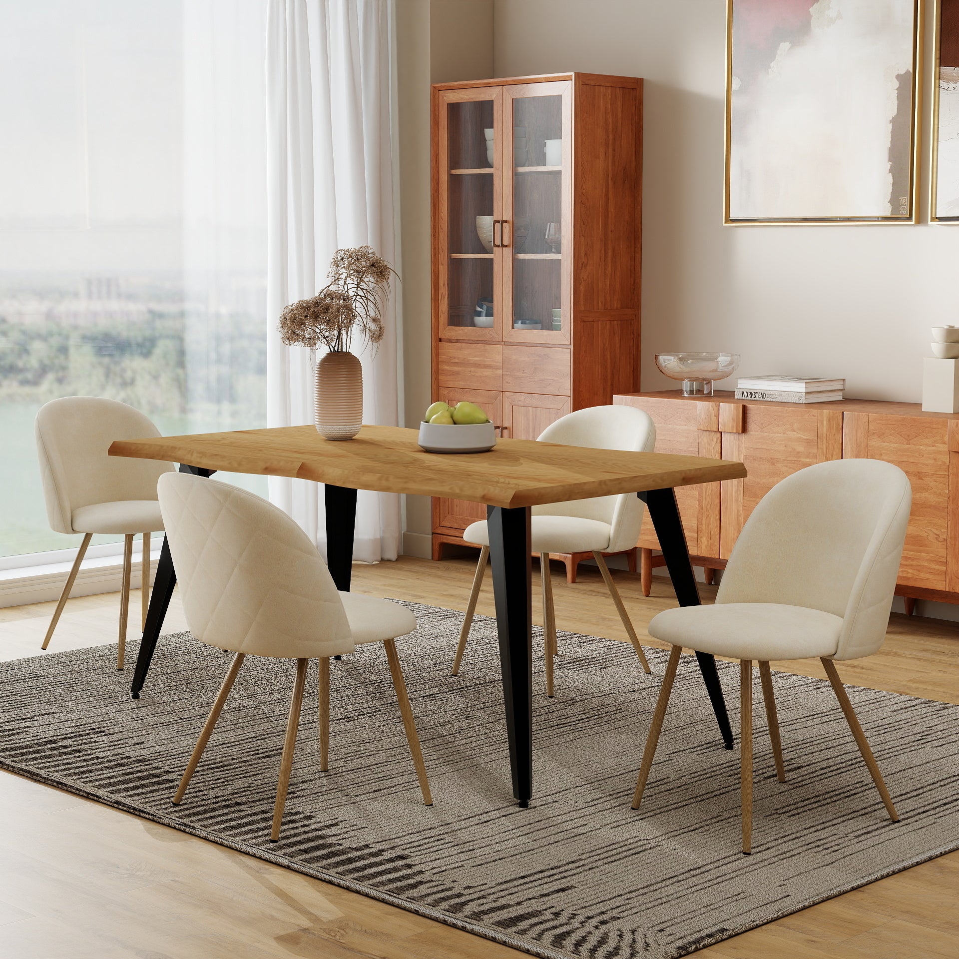 Homy Casa Lancelot 5PC Dining Set 63” Oak Table with 4 Puz Upholstered Chairs,Beige