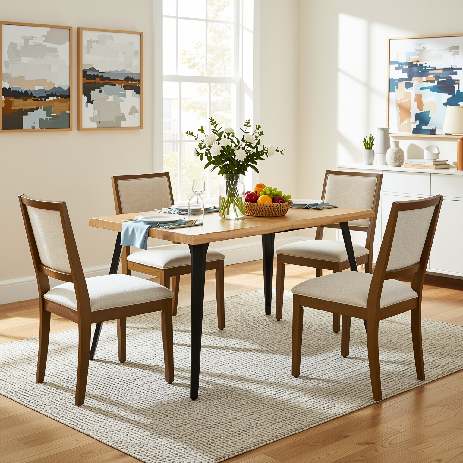 Homy Casa Lancelot 5PC Dining Set 63" Rectangular Table with 4 Siget Biscuit Upholstered Chairs in Beige and Haze Wood Finish