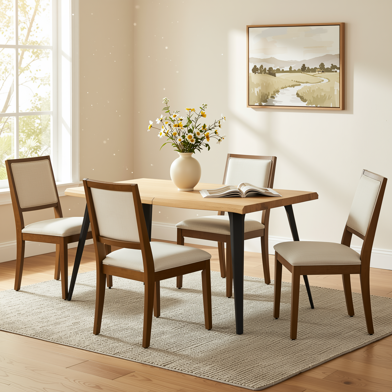 Homy Casa Lancelot 5PC Dining Set 63" Rectangular Table with 4 Siget Biscuit Upholstered Chairs in Beige and Haze Wood Finish