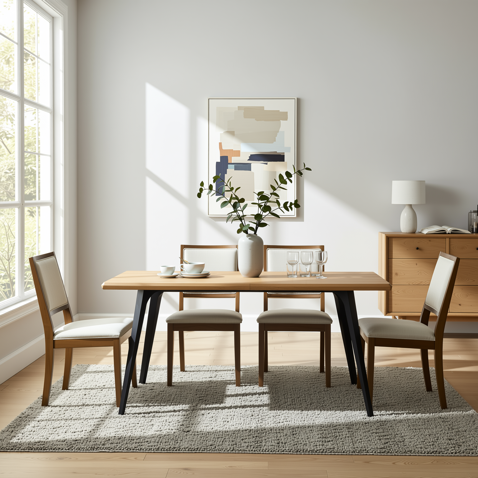 Homy Casa Lancelot 5PC Dining Set 63" Rectangular Table with 4 Siget Biscuit Upholstered Chairs in Beige and Haze Wood Finish
