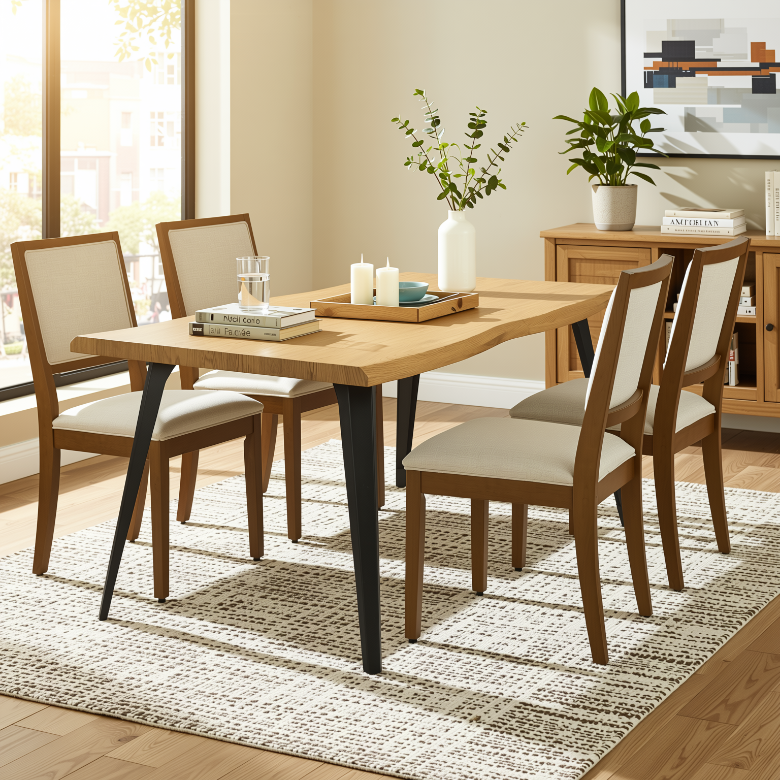 Homy Casa Lancelot 5PC Dining Set 63" Rectangular Table with 4 Siget Biscuit Upholstered Chairs in Beige and Haze Wood Finish