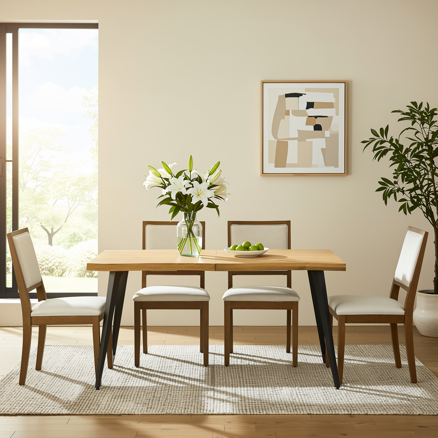 Homy Casa Lancelot 5PC Dining Set 63" Rectangular Table with 4 Siget Biscuit Upholstered Chairs in Beige and Haze Wood Finish