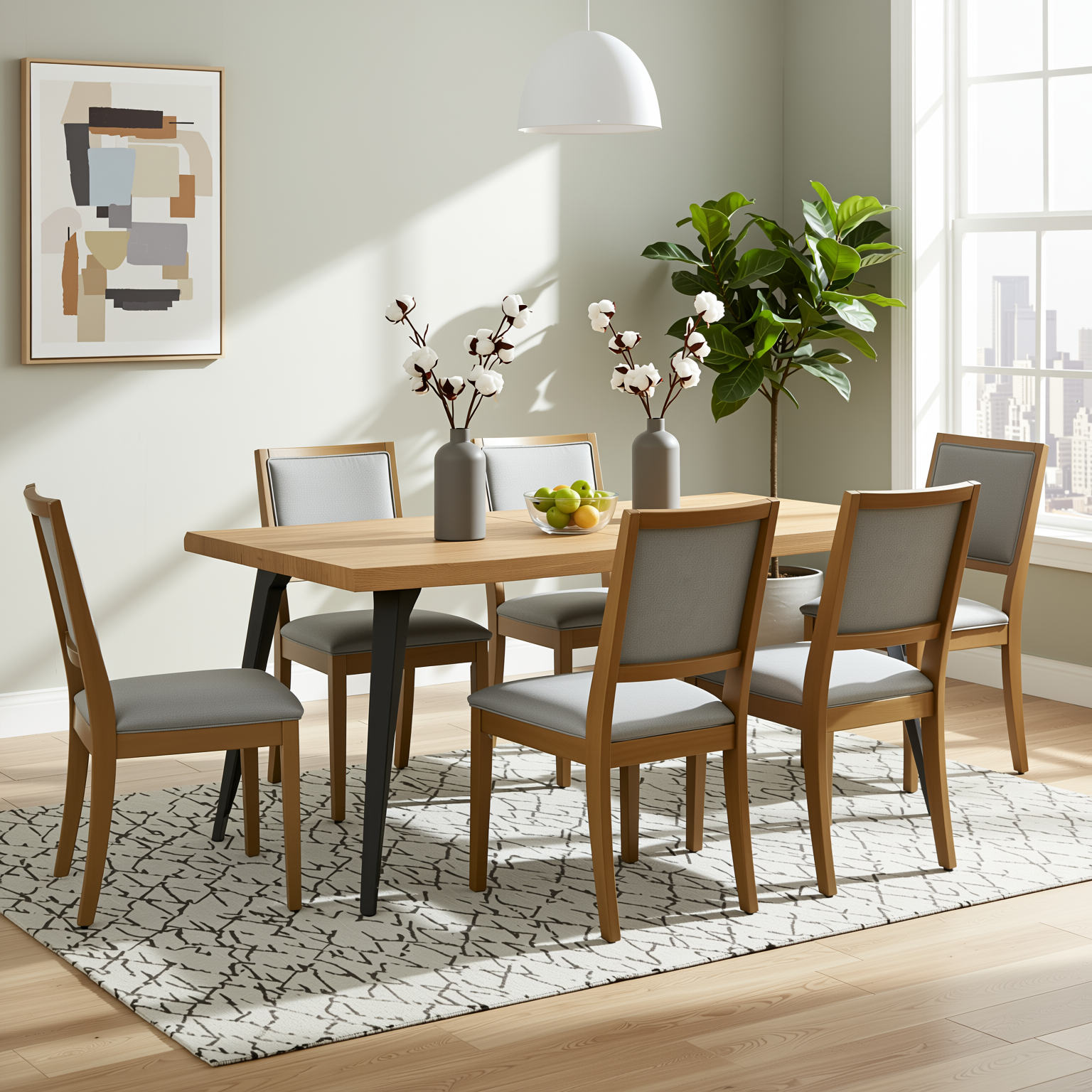 Homy Casa LANCELOT 7 Piece Natural Dining Table Set with 6 SIGET Upholsted Chairs