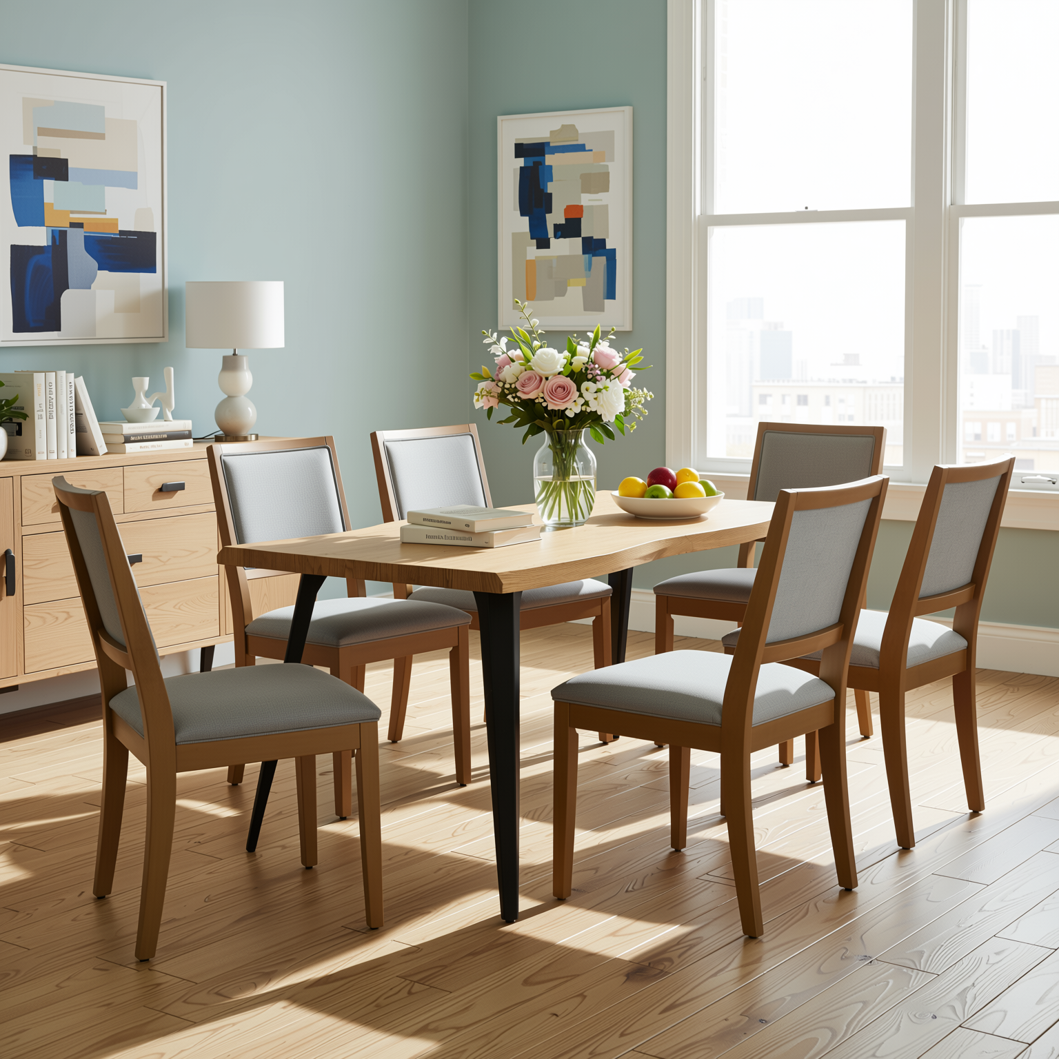 Homy Casa LANCELOT 7 Piece Natural Dining Table Set with 6 SIGET Upholsted Chairs