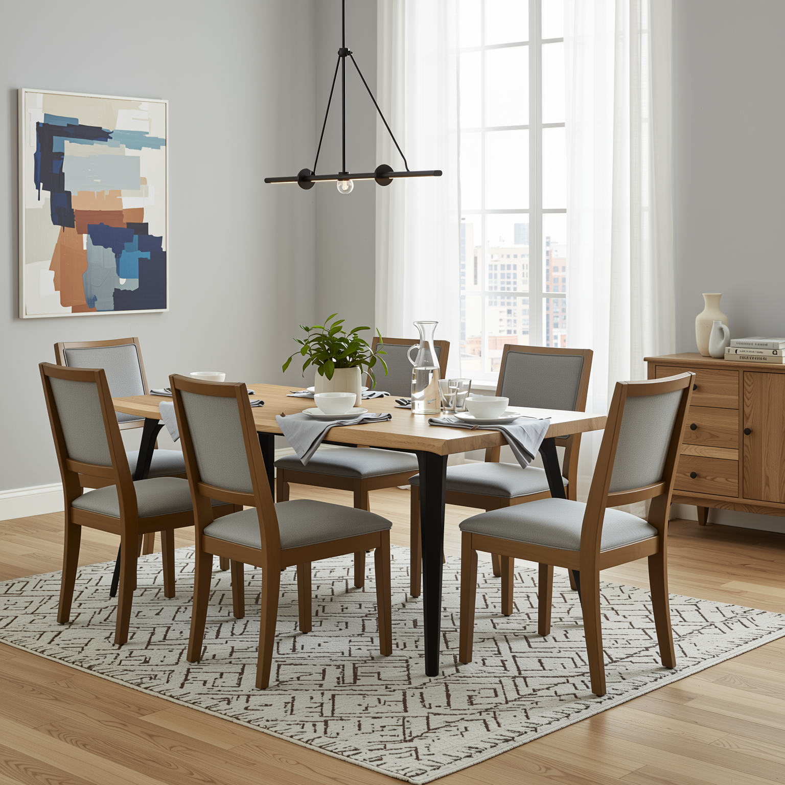 Homy Casa LANCELOT 7 Piece Natural Dining Table Set with 6 SIGET Upholsted Chairs