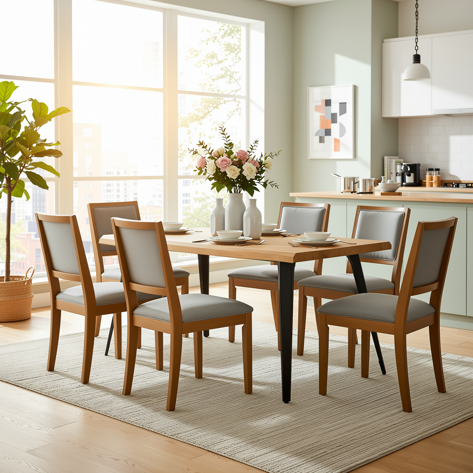 Homy Casa LANCELOT 7 Piece Natural Dining Table Set with 6 SIGET Upholsted Chairs