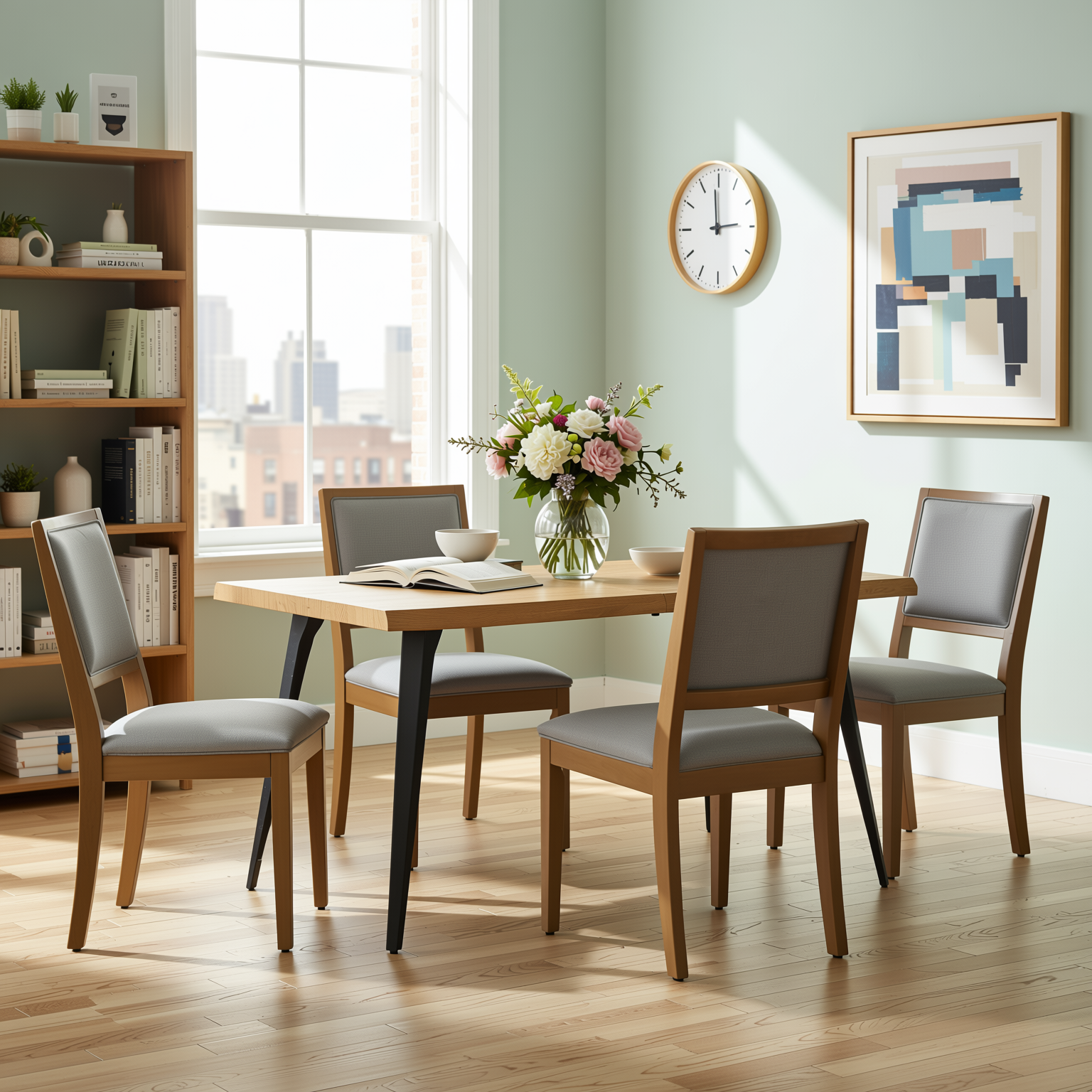 Homy Casa LANCELOT 5 Piece Natural Dining Table Set with 4 SIGET Upholsted Chairs