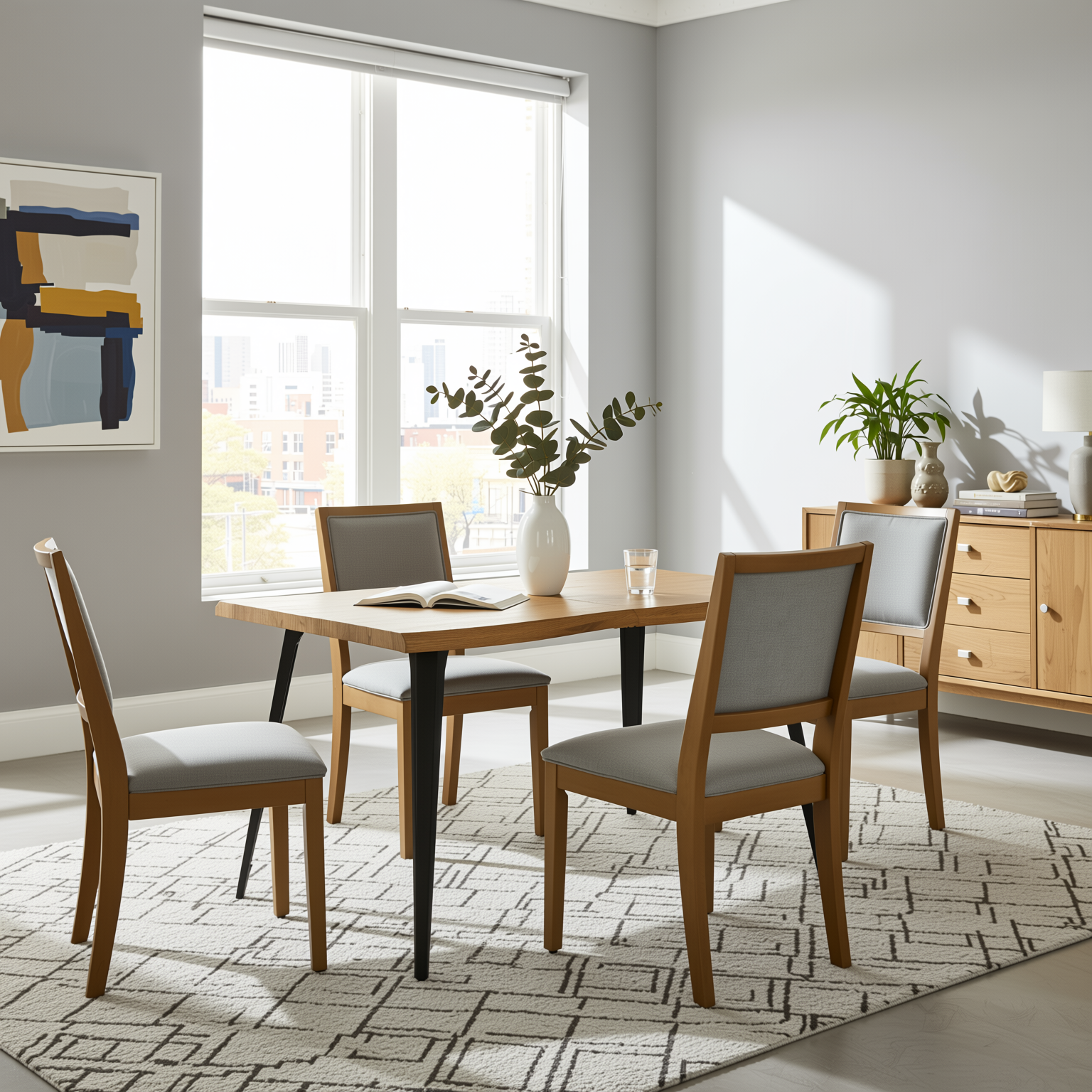 Homy Casa LANCELOT 5 Piece Natural Dining Table Set with 4 SIGET Upholsted Chairs