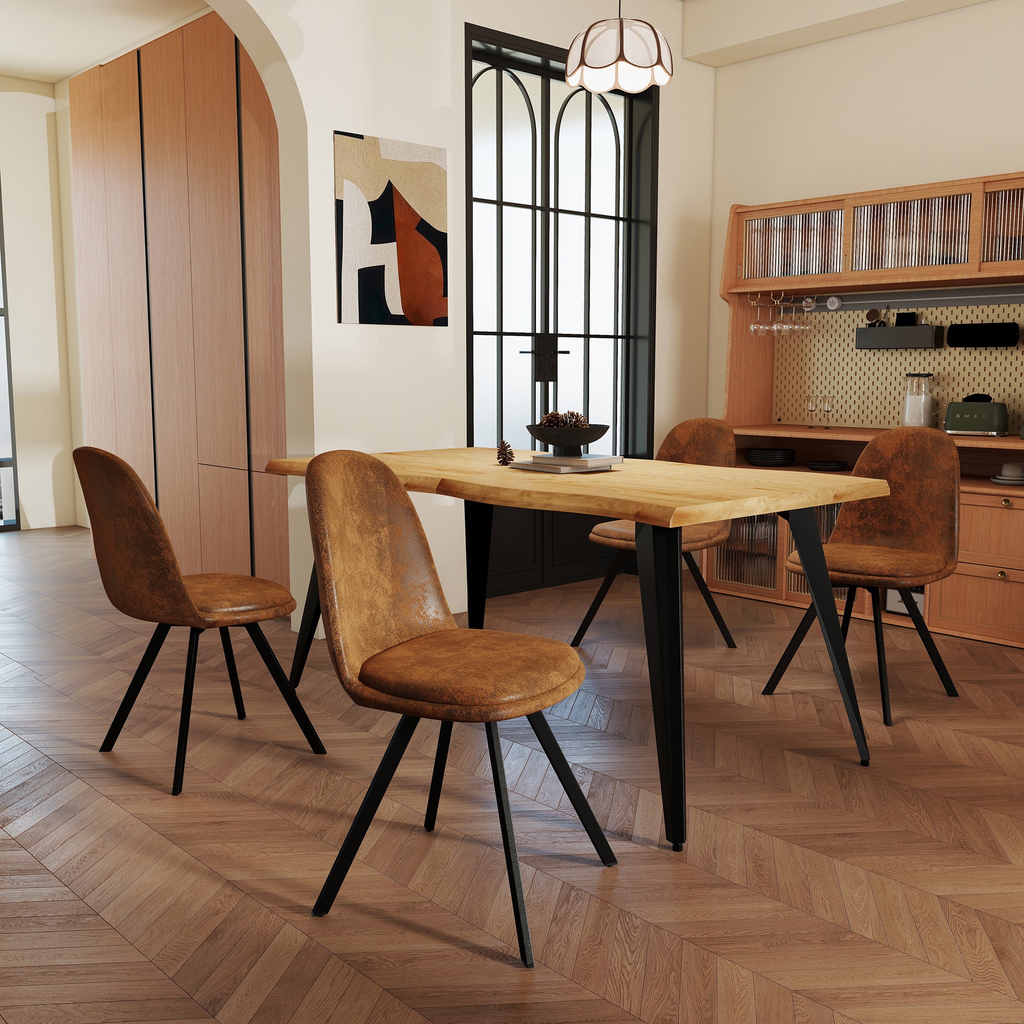 Homy Casa Lancelot 5PC Dining Set 63” Oak Table with 4 Sunflower Upholstered Chairs,Brown
