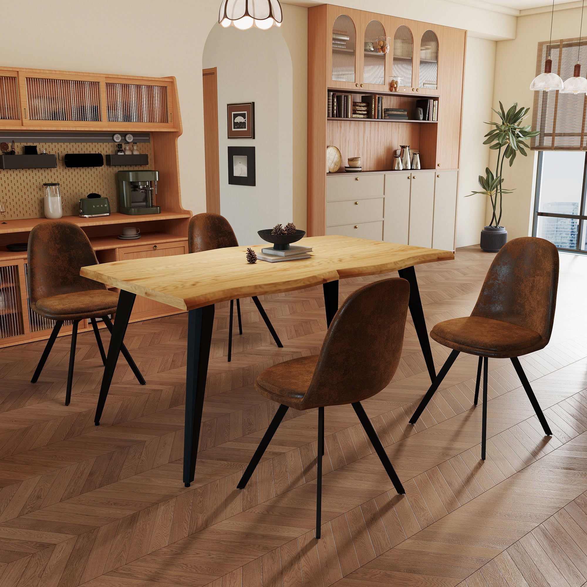 Homy Casa Lancelot 5PC Dining Set 63” Oak Table with 4 Sunflower Upholstered Chairs,Brown