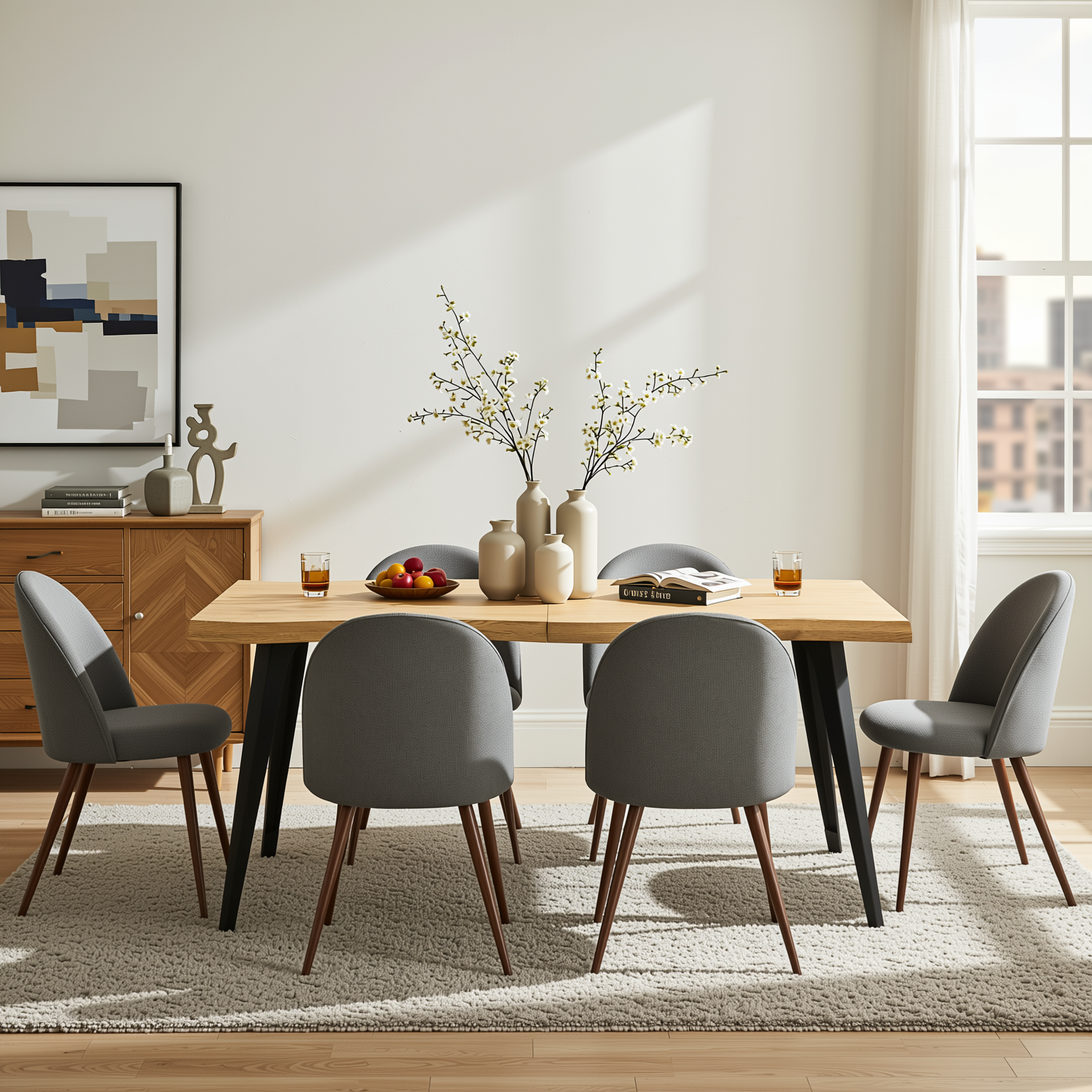 Homy Casa Lancelot 7PC Dining Set 63" Table with 6 Haven Grey Fabric Chairs Walnut Legs