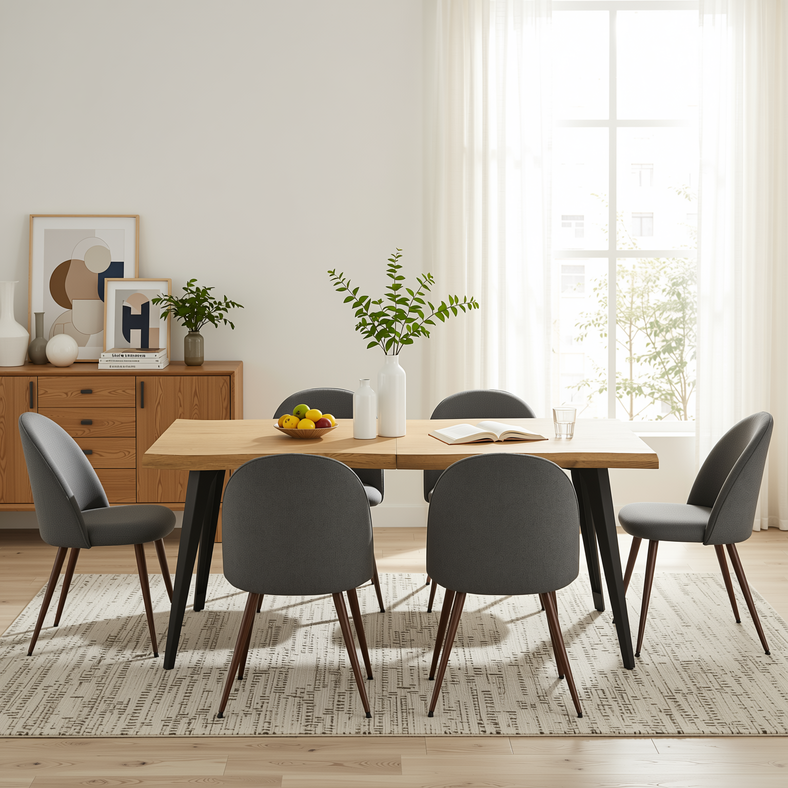 Homy Casa Lancelot 7PC Dining Set 63" Table with 6 Haven Grey Fabric Chairs Walnut Legs