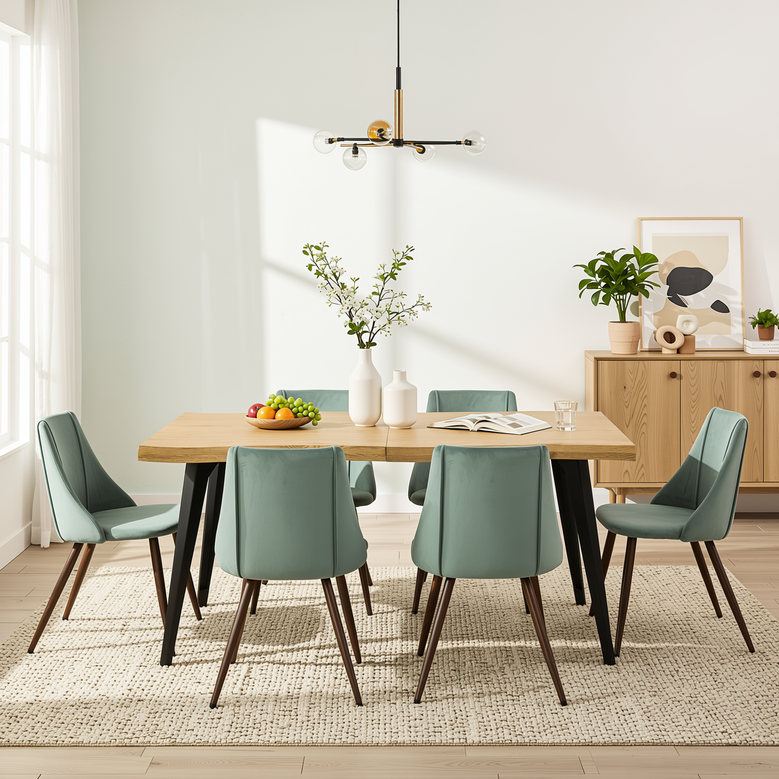 Homy Casa LANCELOT+SMEG 7PC Dining Set 63" Table with 6 Velvet Cactus Brown Chairs – Wave Edge Wood Grain Tabletop