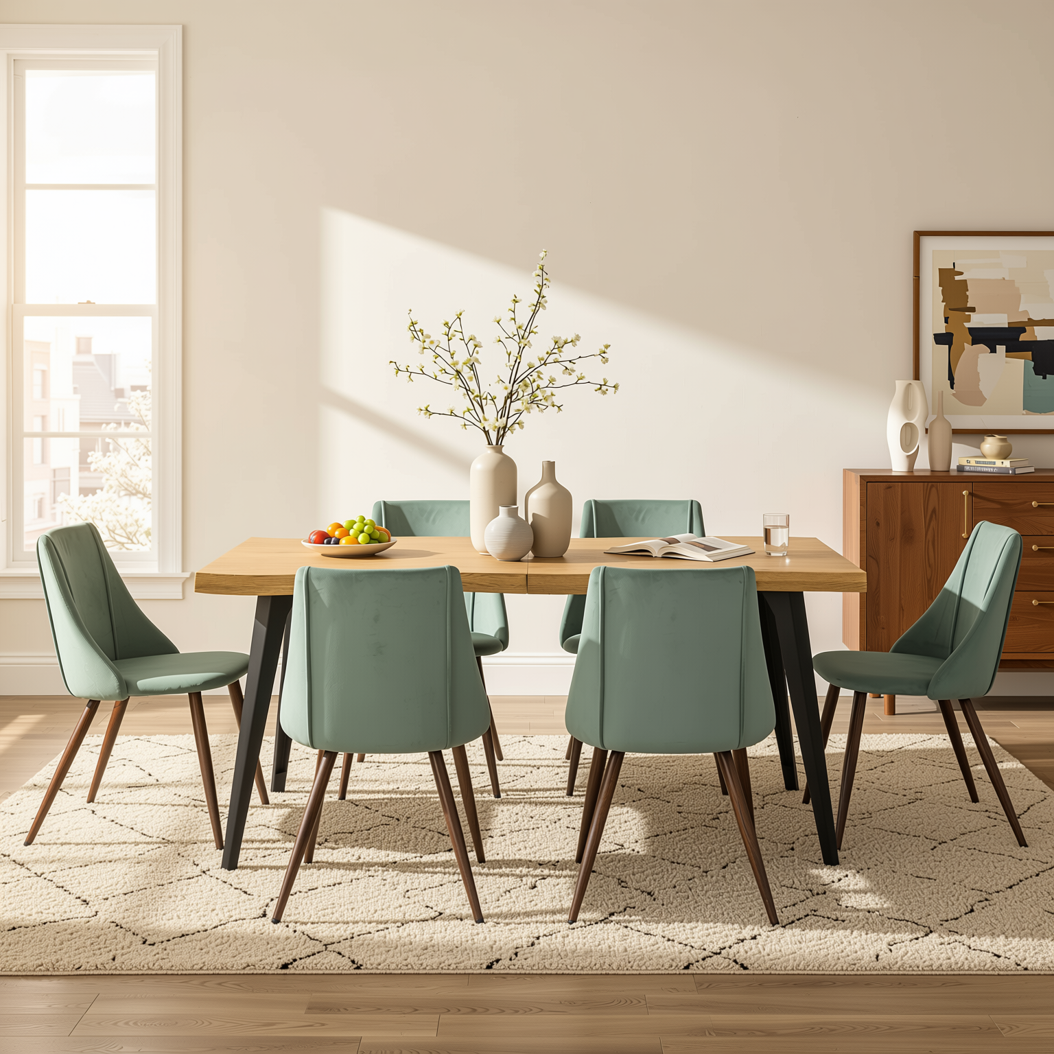 Homy Casa LANCELOT+SMEG 7PC Dining Set 63" Table with 6 Velvet Cactus Brown Chairs – Wave Edge Wood Grain Tabletop