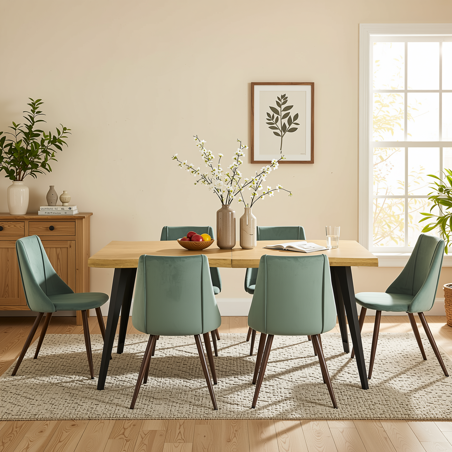 Homy Casa LANCELOT+SMEG 7PC Dining Set 63" Table with 6 Velvet Cactus Brown Chairs – Wave Edge Wood Grain Tabletop