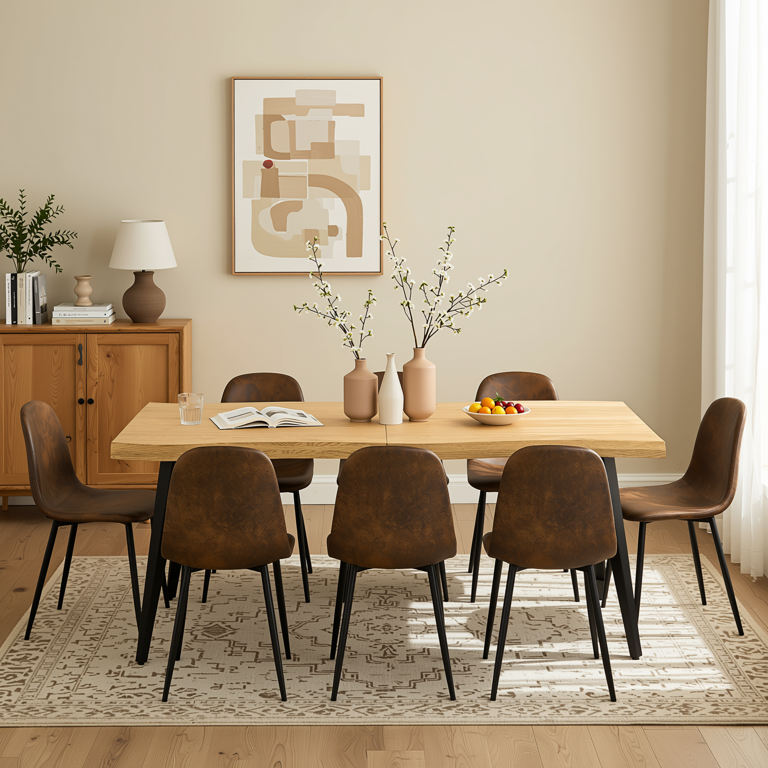 Homy Casa Lancelot & Charlton 9PC Dining Set 63" Table with 8 Suede Brown Chairs for Kitchen & Dining Room