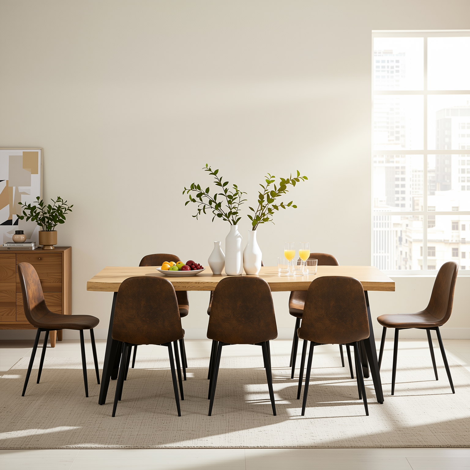 Homy Casa Lancelot & Charlton 9PC Dining Set 63" Table with 8 Suede Brown Chairs for Kitchen & Dining Room