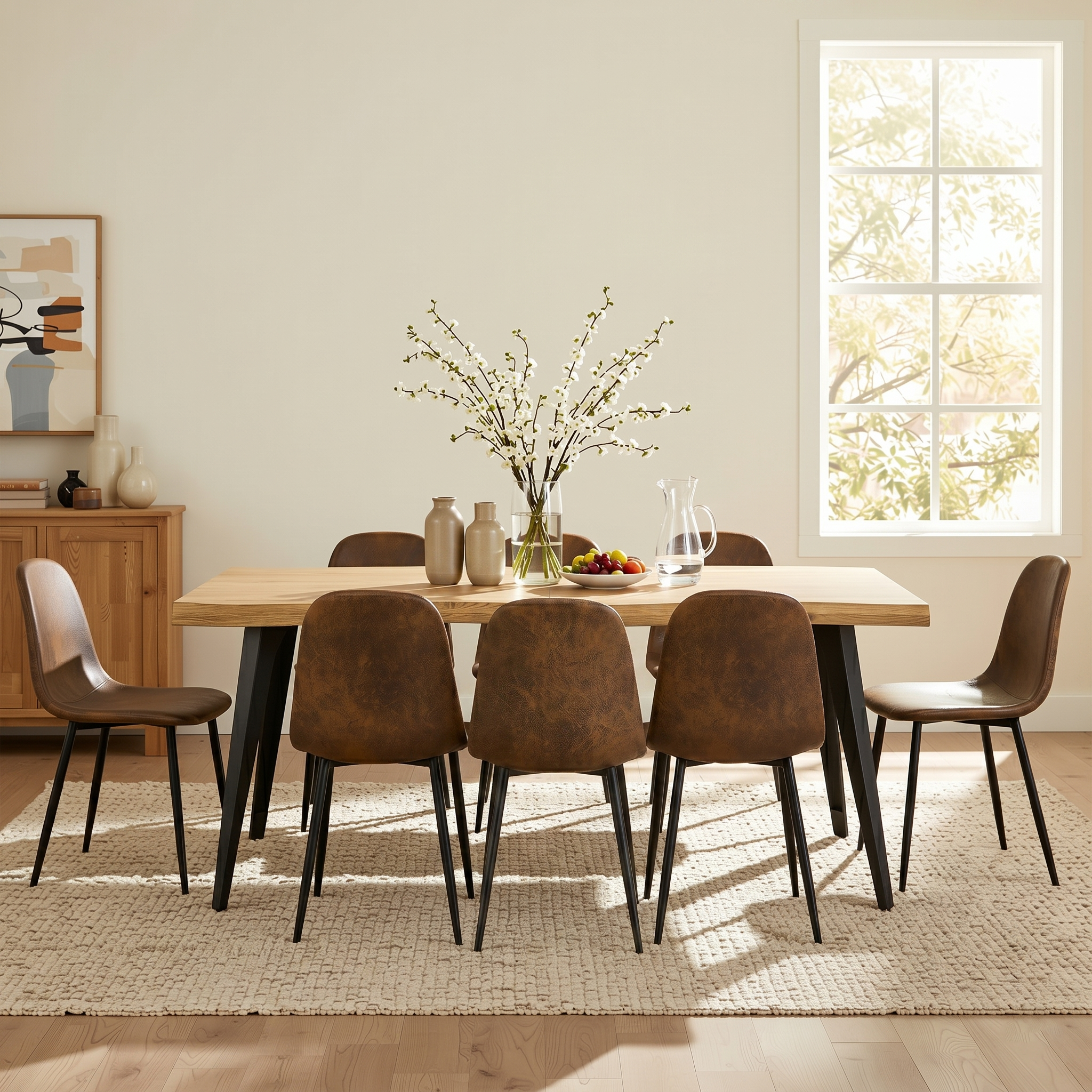 Homy Casa Lancelot & Charlton 9PC Dining Set 63" Table with 8 Suede Brown Chairs for Kitchen & Dining Room