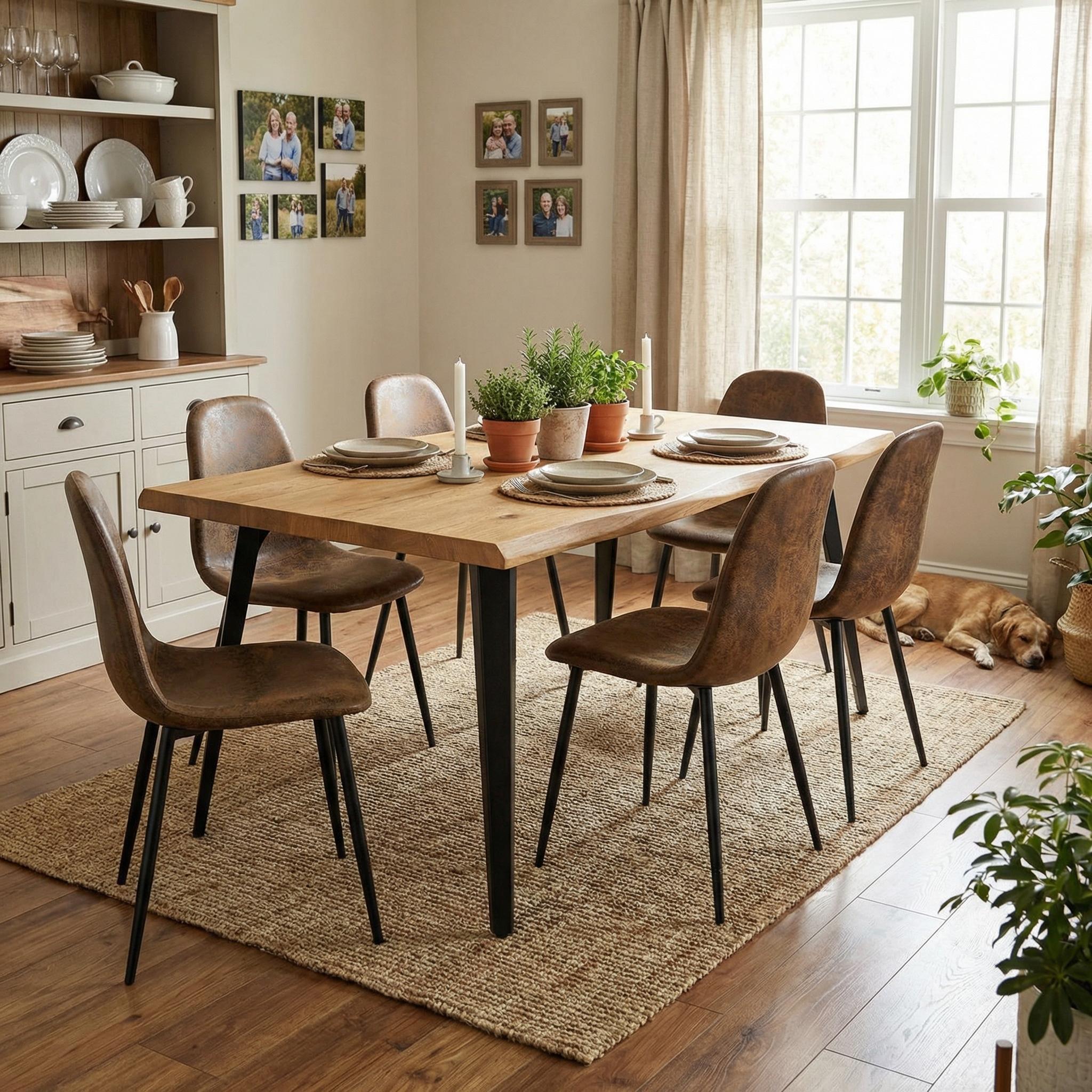 Homy Casa Lancelot 7PC Dining Table Set 63” Natural Table with 6 Charlton Vintage Brown Upholstered Chairs