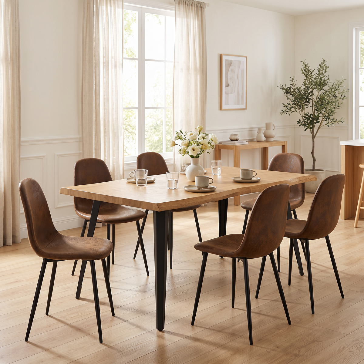 Homy Casa LANCELOT+CHARLTON 7PC Dining Set 63” Dining Table with 6 Suede Upholstered Chairs in Natural and Brown Open Box