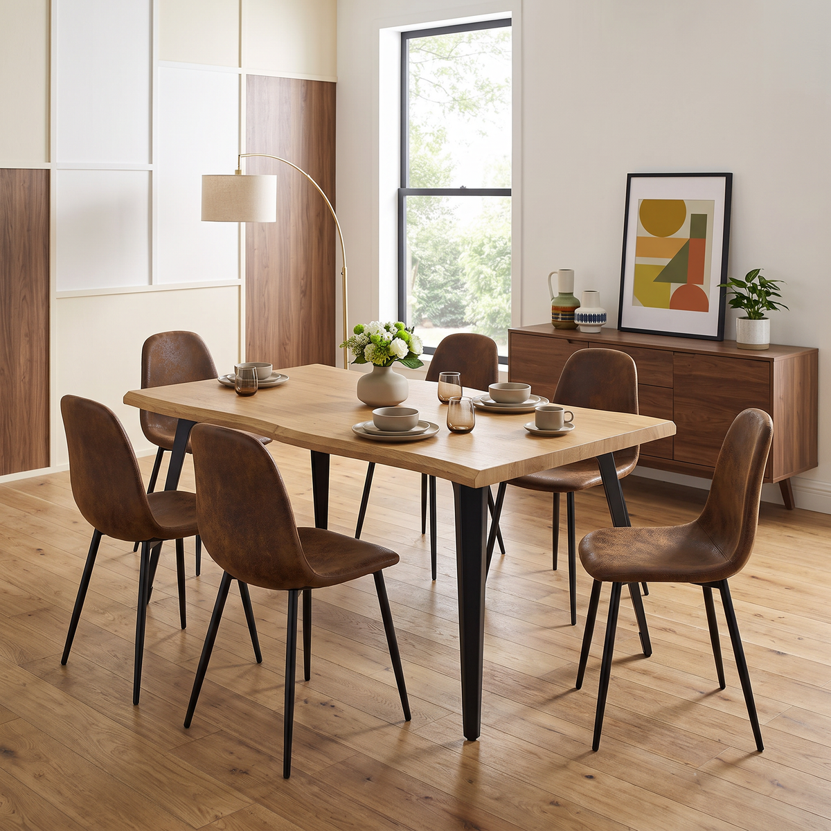 Homy Casa LANCELOT+CHARLTON 7PC Dining Set 63” Dining Table with 6 Suede Upholstered Chairs in Natural and Brown Open Box