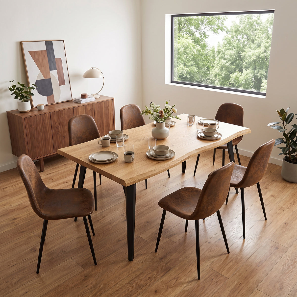Homy Casa LANCELOT+CHARLTON 7PC Dining Set 63” Dining Table with 6 Suede Upholstered Chairs in Natural and Brown Open Box