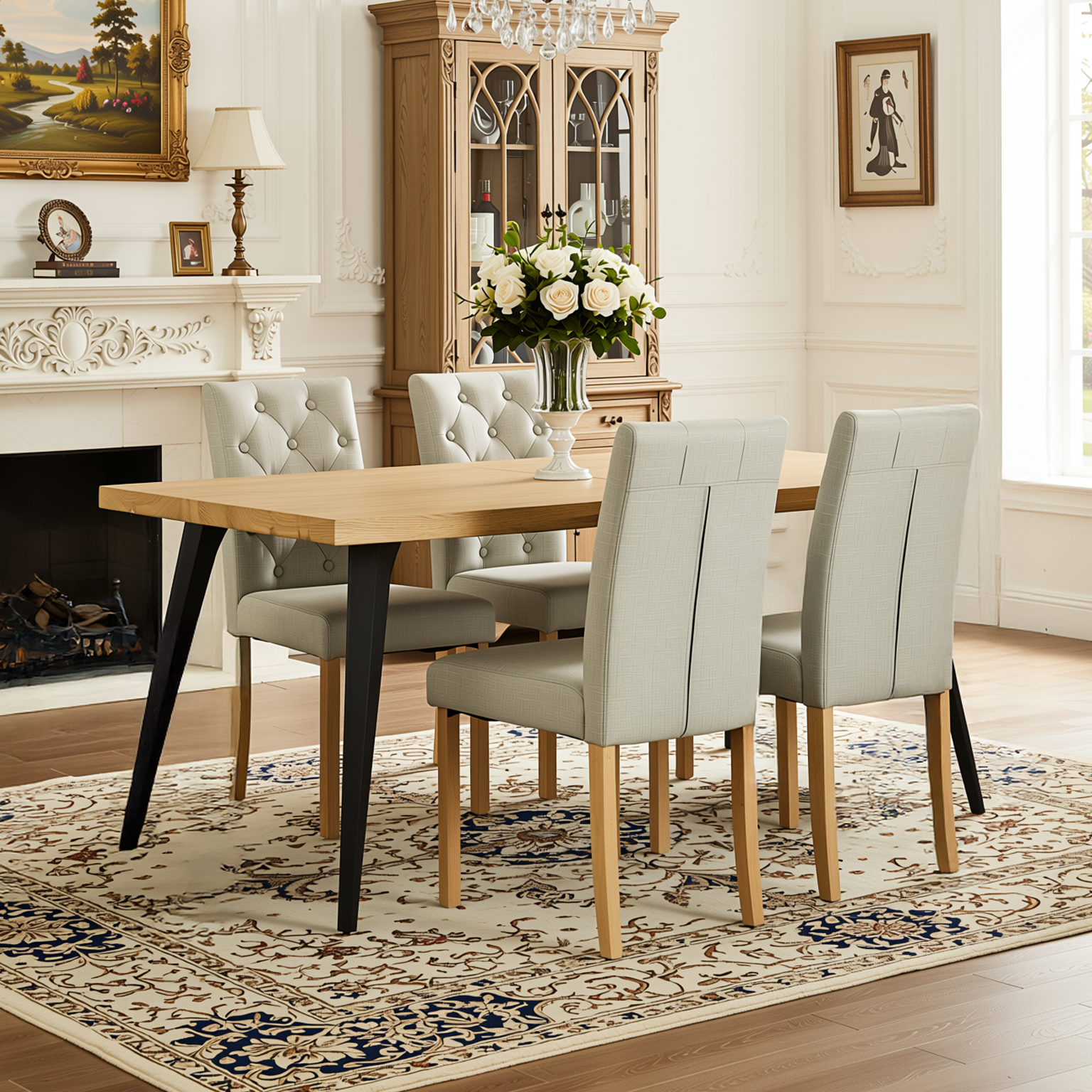 Homy Casa Lancelot+Douro 5 PC Dining Set 63" Natural Table with 4 Beige Chairs for Kitchen & Dining Room