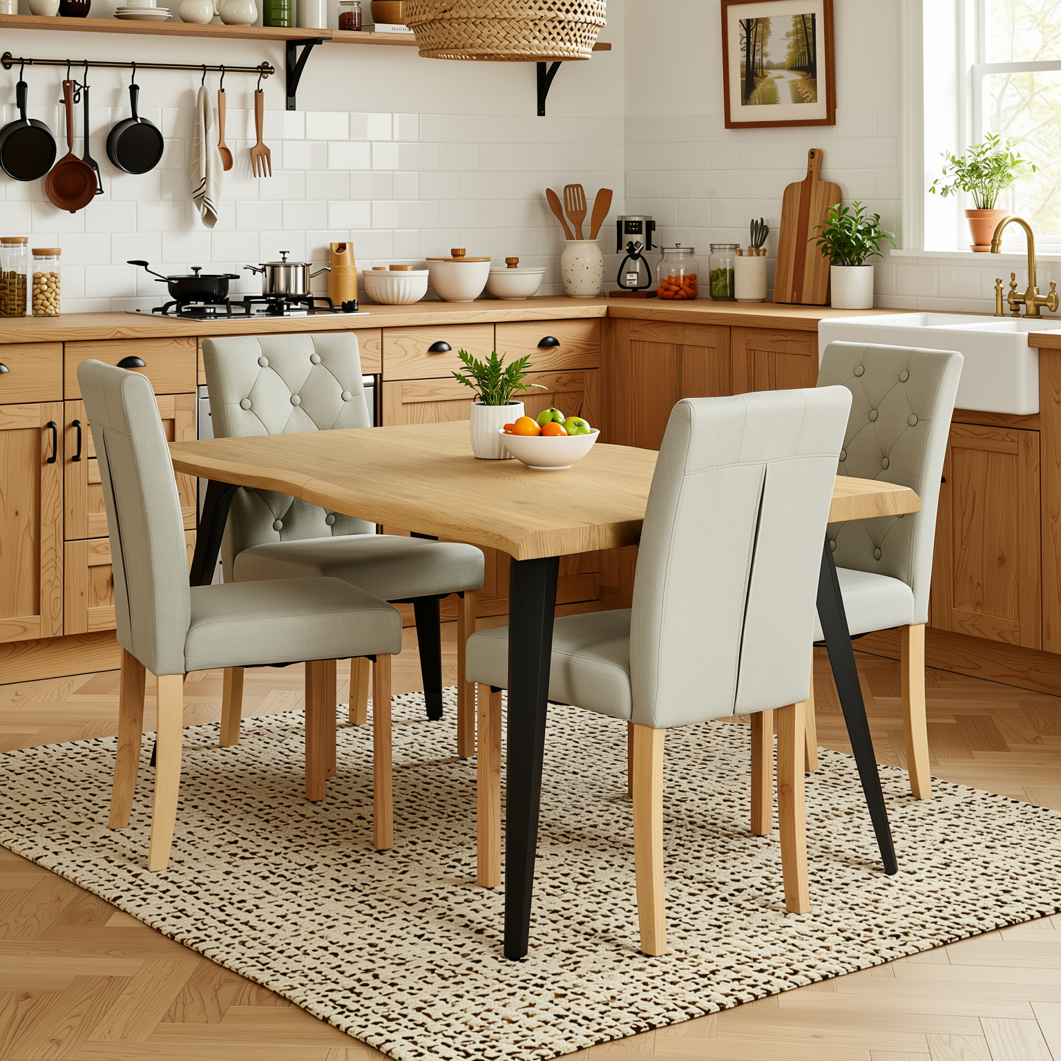 Homy Casa Lancelot+Douro 5 PC Dining Set 63" Natural Table with 4 Beige Chairs for Kitchen & Dining Room
