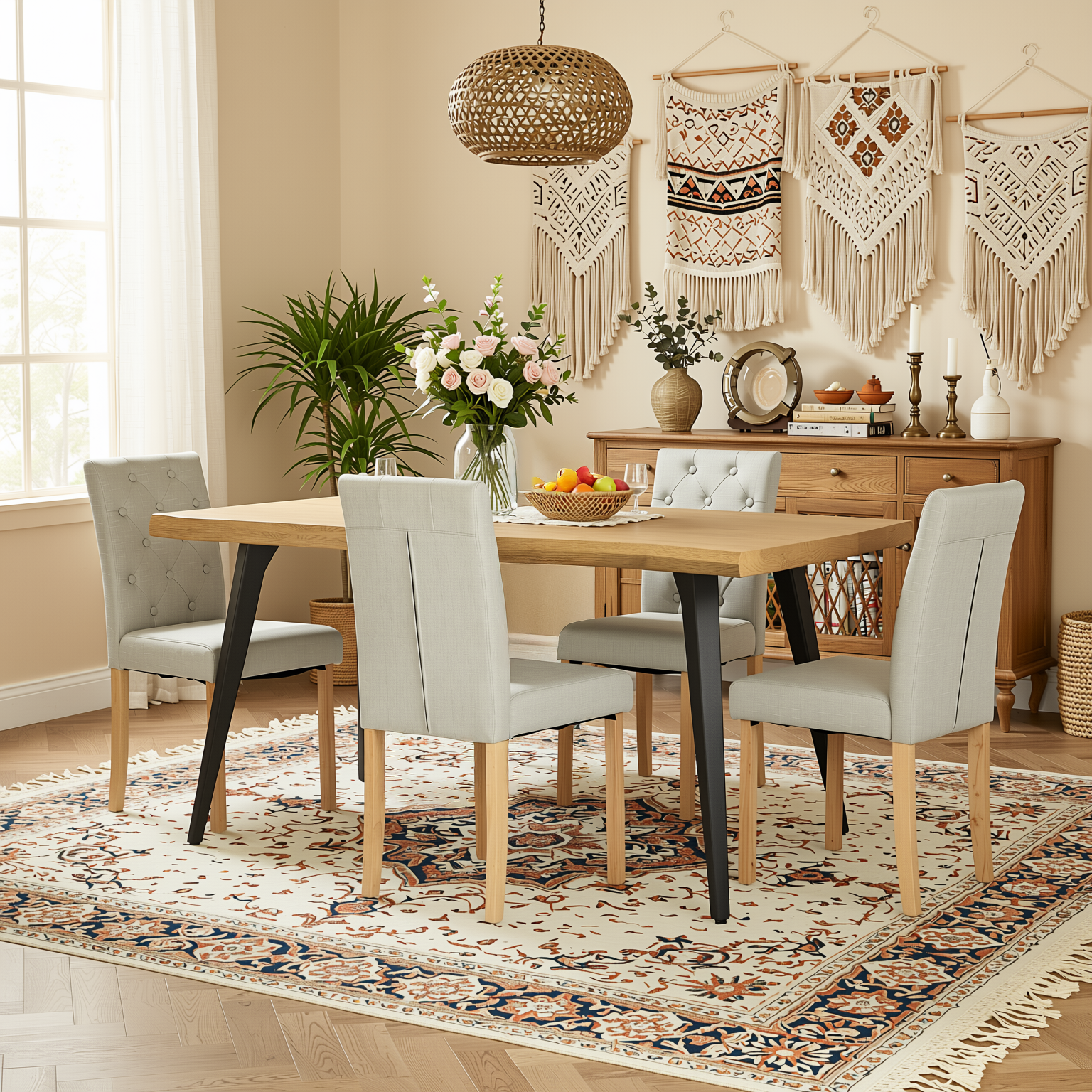 Homy Casa Lancelot+Douro 5 PC Dining Set 63" Natural Table with 4 Beige Chairs for Kitchen & Dining Room
