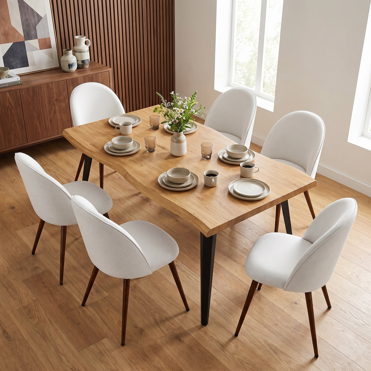Homy Casa LANCELOT+HAVEN 7PC Dining Set 63” Dining Table with 6 Beige Fabric Chairs in Natural Wood Open Box
