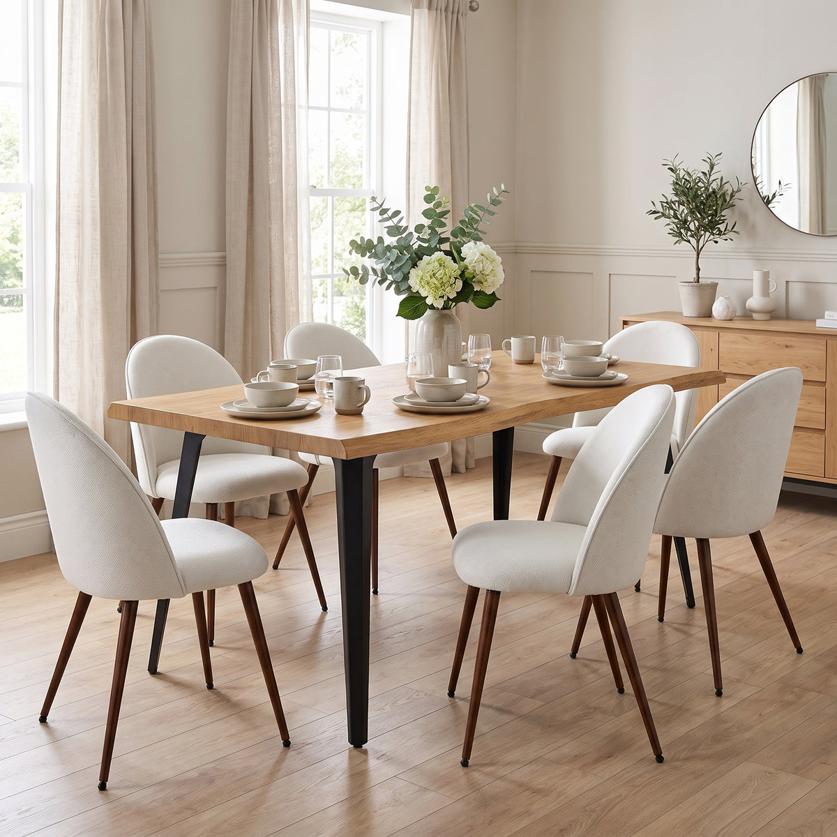 Homy Casa LANCELOT+HAVEN 7PC Dining Set 63” Dining Table with 6 Beige Fabric Chairs in Natural Wood Open Box