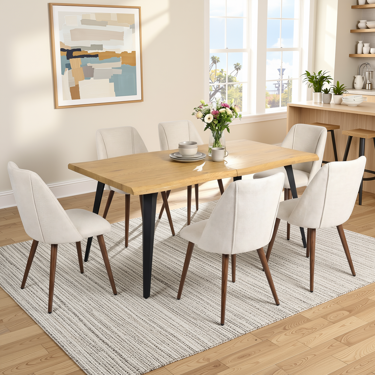 Homy Casa LANCELOT+KALI 7PC Dining Set 63" Table with 6 Kali Beige Fabric Chairs, Natural Wood Grain Finish