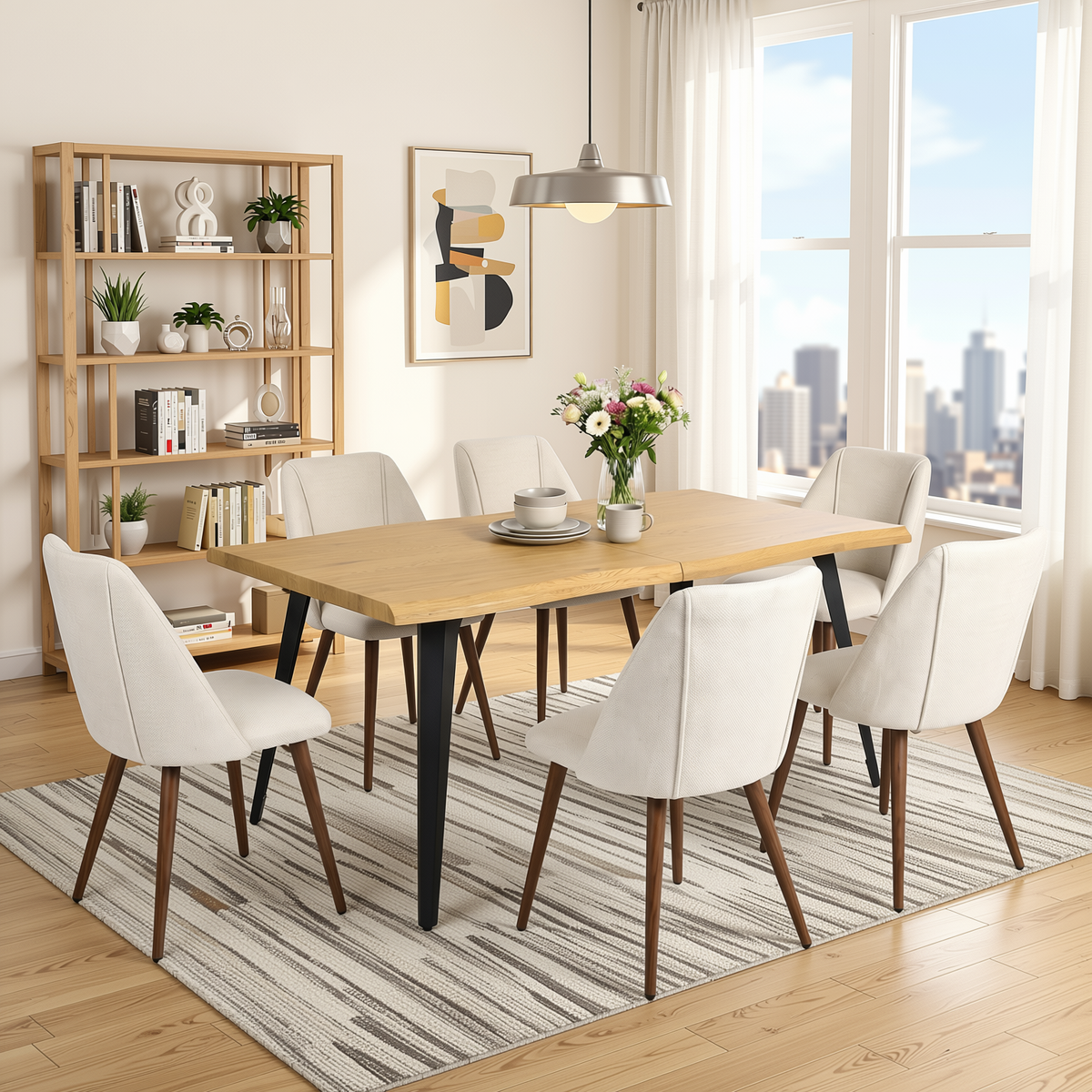 Homy Casa LANCELOT+KALI 7PC Dining Set 63" Table with 6 Kali Beige Fabric Chairs, Natural Wood Grain Finish