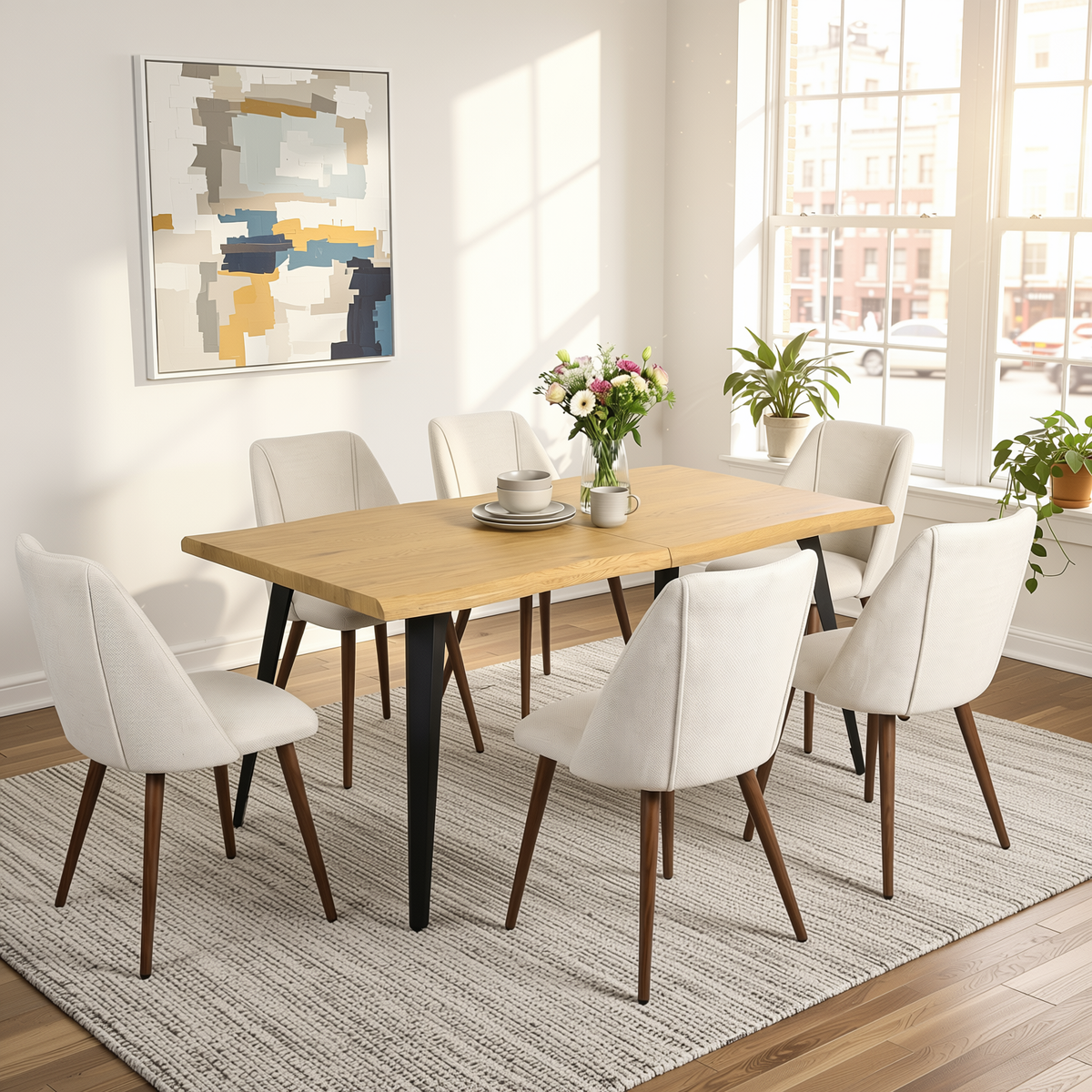 Homy Casa LANCELOT+KALI 7PC Dining Set 63" Table with 6 Kali Beige Fabric Chairs, Natural Wood Grain Finish
