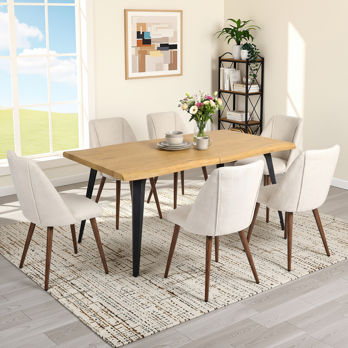 Homy Casa LANCELOT+KALI 7PC Dining Set 63" Table with 6 Kali Beige Fabric Chairs, Natural Wood Grain Finish