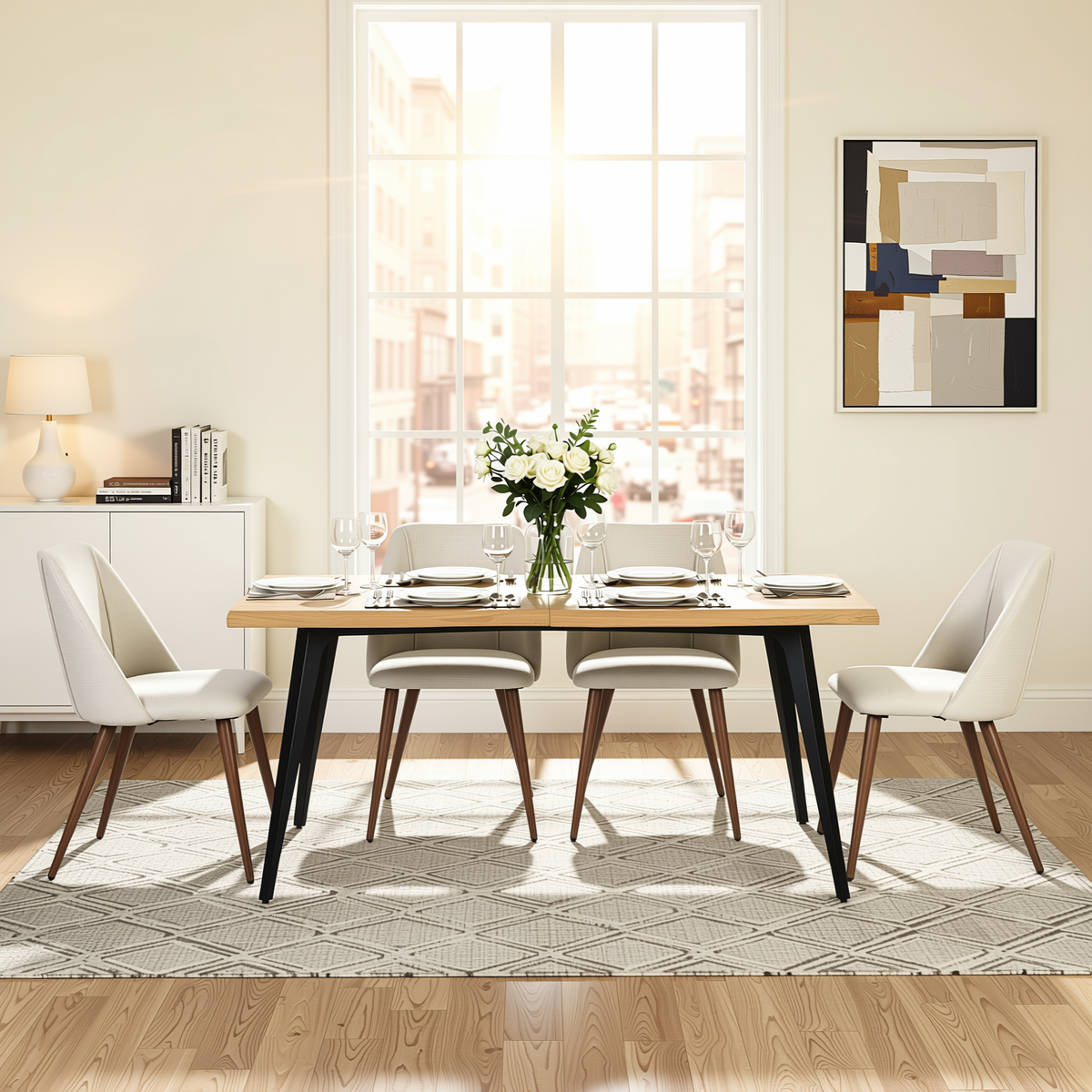 Homy Casa LANCELOT+KALI 5PC Dining Set 63" Table with 4 Kali Beige Fabric Chairs, Light Wood Grain & Walnut Finish