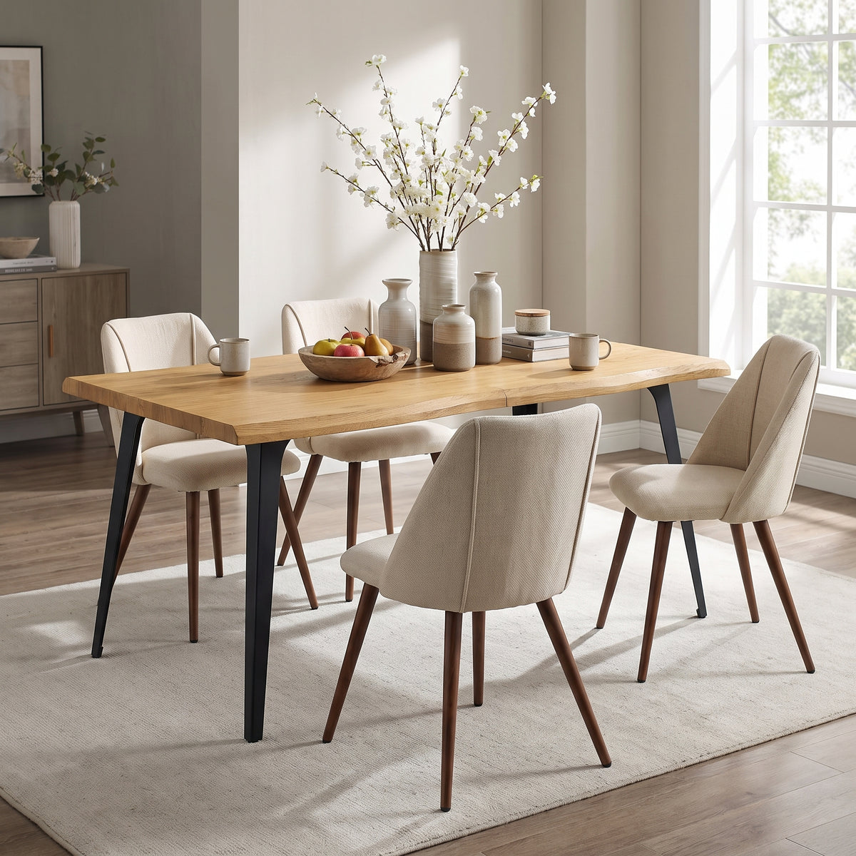Homy Casa LANCELOT+KALI 5PC Dining Set 63" Table with 4 Kali Beige Fabric Chairs, Light Wood Grain & Walnut Finish