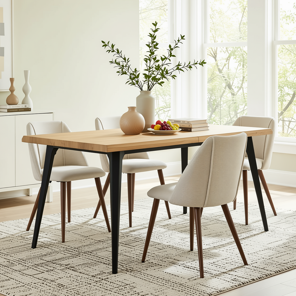 Homy Casa LANCELOT+KALI 5PC Dining Set 63" Table with 4 Kali Beige Fabric Chairs, Light Wood Grain & Walnut Finish